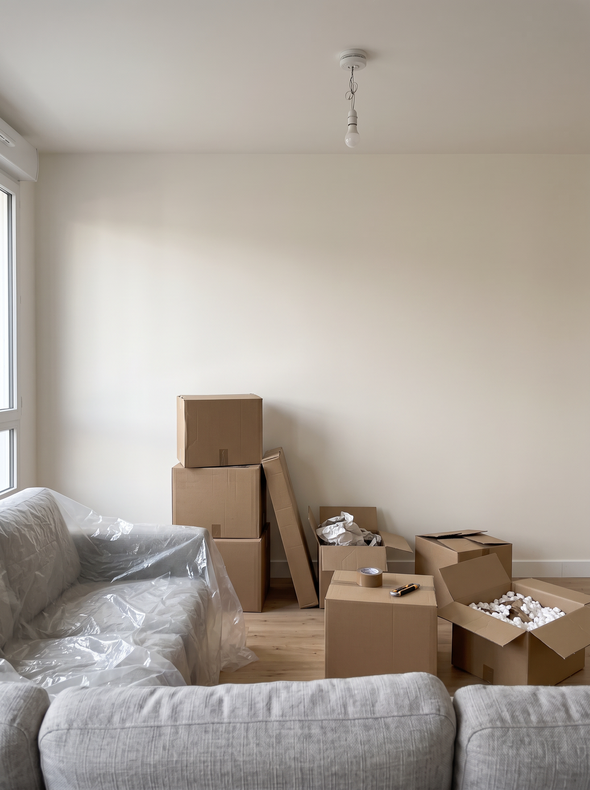 Le salon le jour de l'emménagement, mur nu et cartons (visuel illustratif)