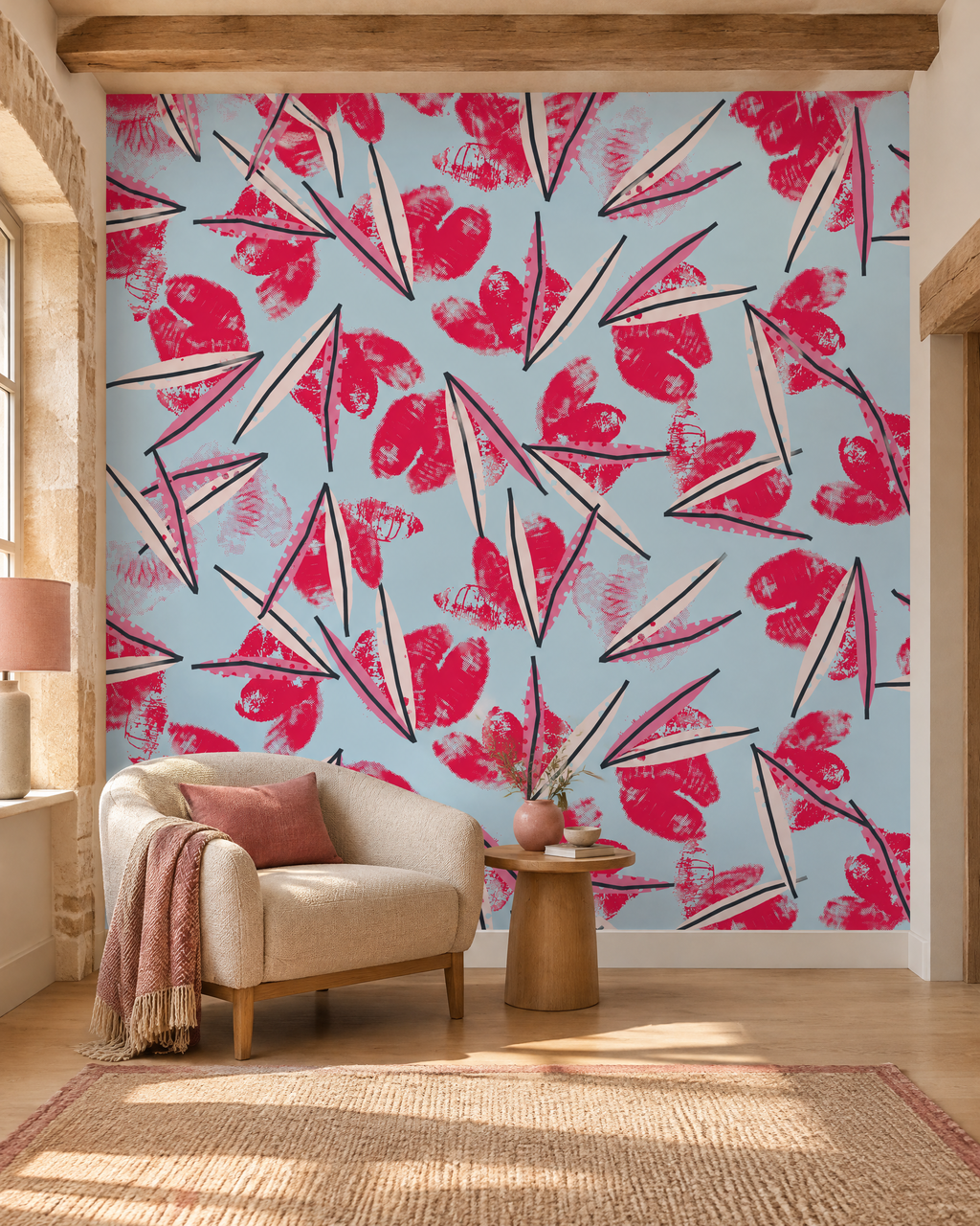 Baisers au trait, papier peint panoramique dans un salon : visuel d'ambiance illustratif