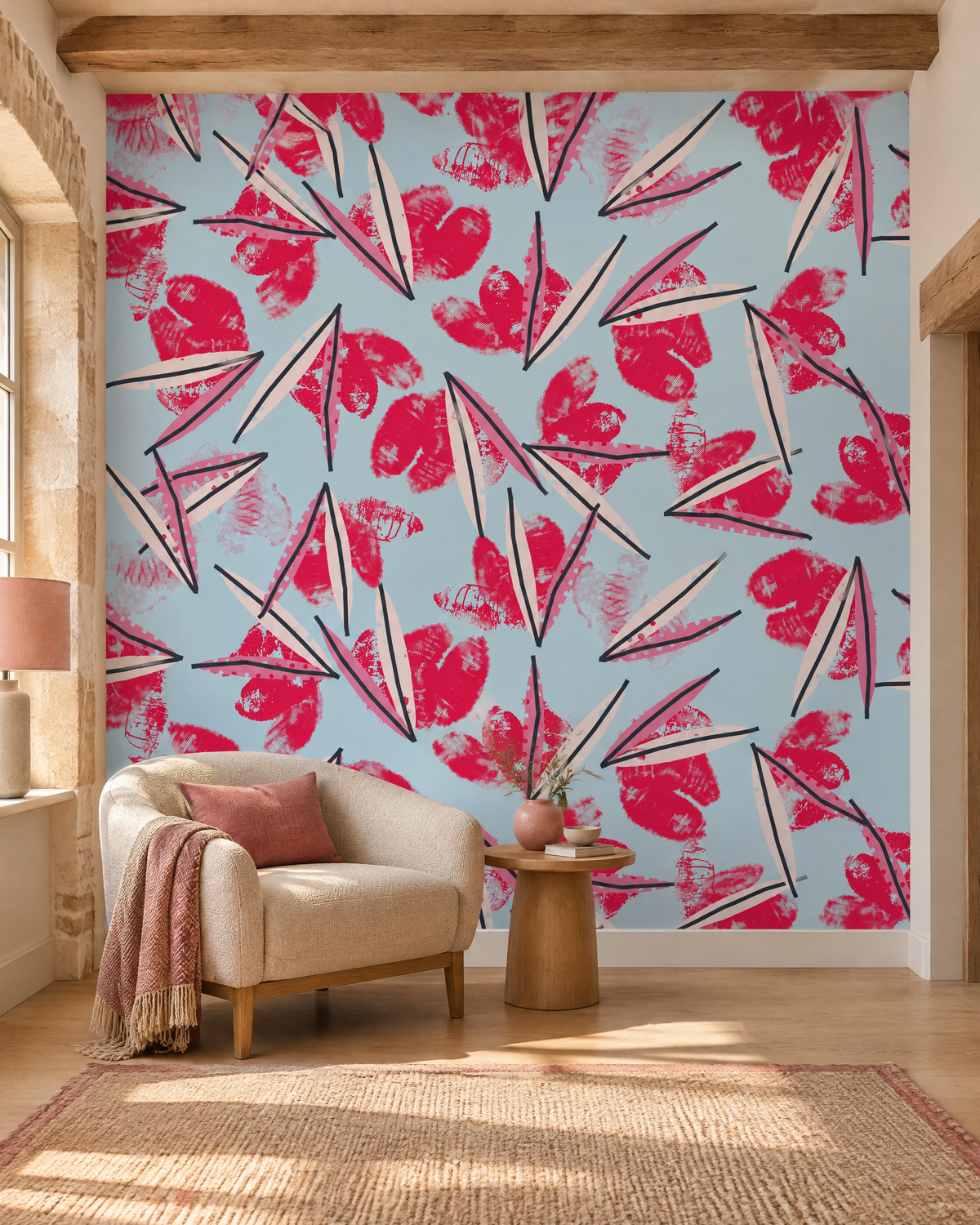Baisers au trait, papier peint panoramique dans un salon : visuel d'ambiance illustratif