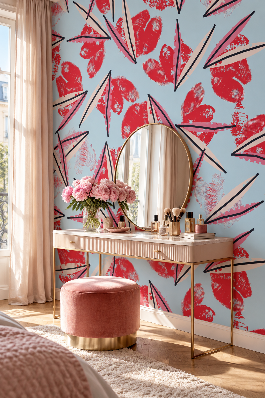 Baisers au trait, papier peint panoramique dans une chambre : visuel d'ambiance illustratif