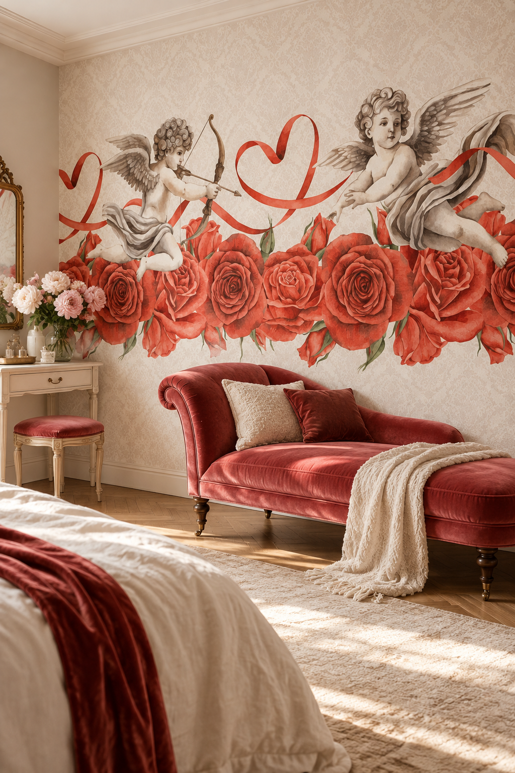 Amours et roses, papier peint panoramique dans une chambre : visuel d'ambiance illustratif