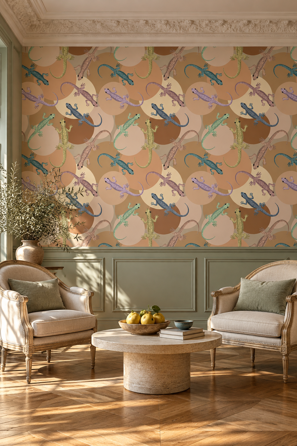 Lézards bohèmes, papier peint panoramique dans un salon : visuel d'ambiance illustratif
