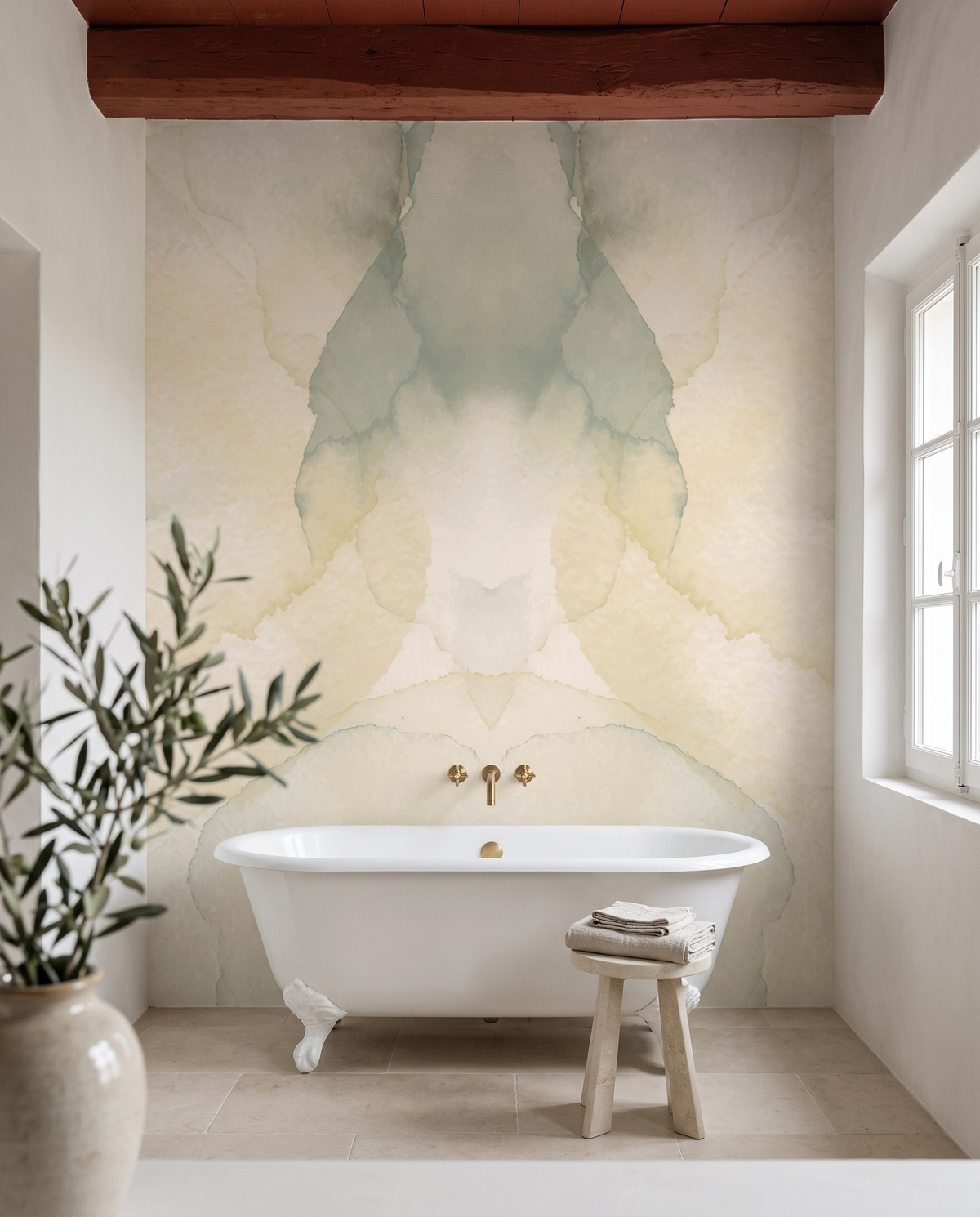Brume d'aquarelle, papier peint panoramique dans une salle de bain : visuel d'ambiance illustratif