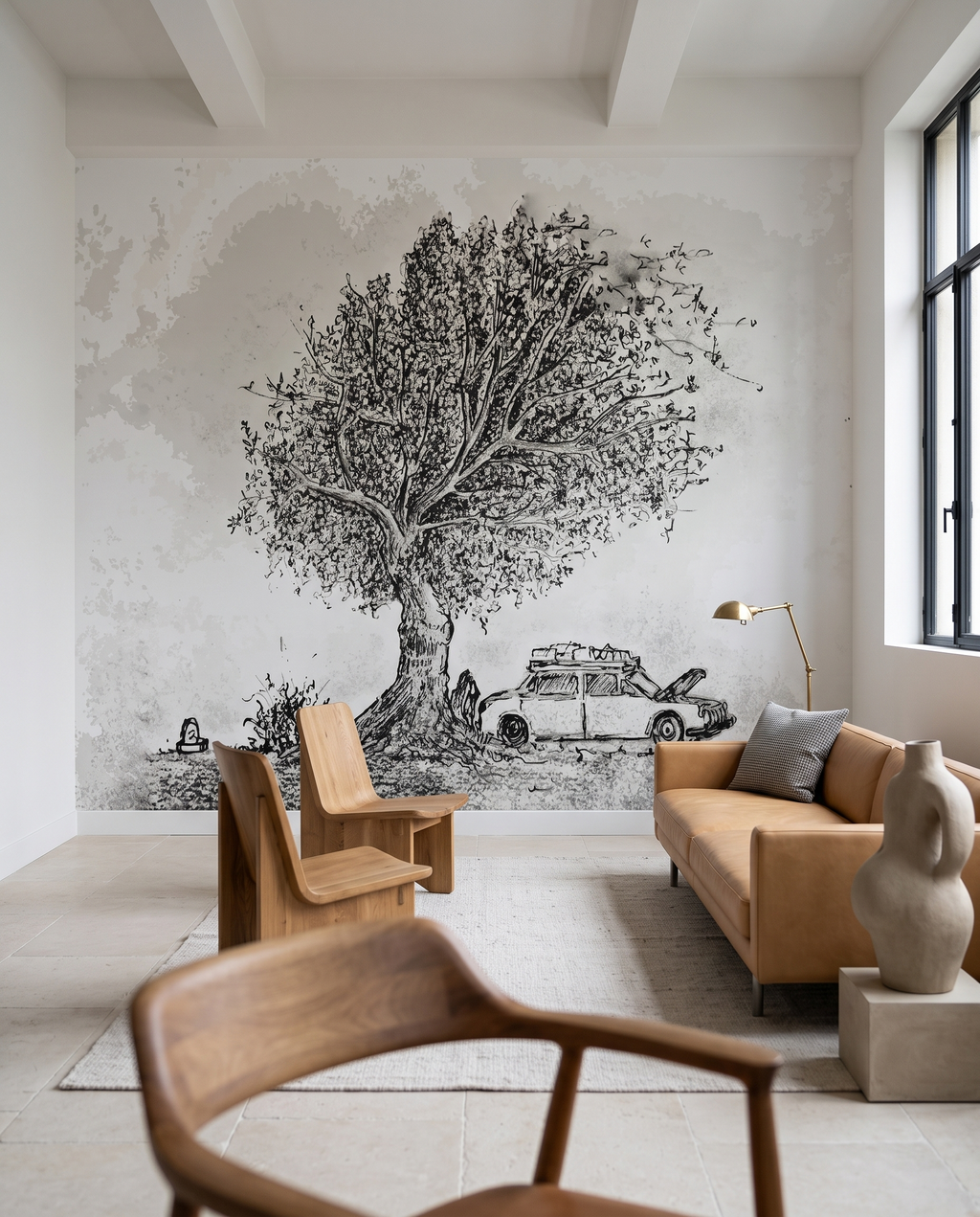L'Arbre gravé, papier peint panoramique dans un salon : visuel d'ambiance illustratif