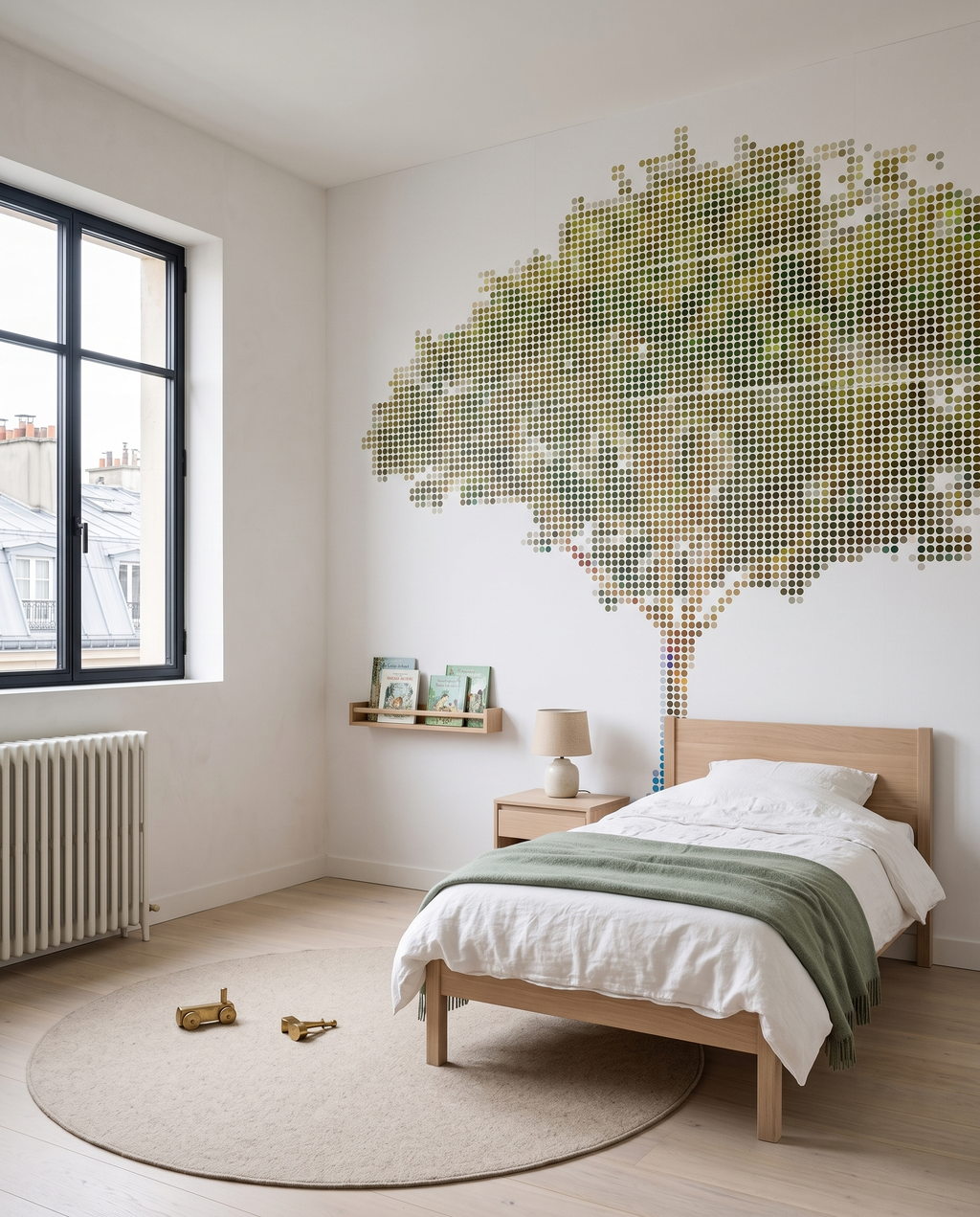 Arbre à pois, papier peint panoramique dans une chambre d'enfant : visuel d'ambiance illustratif