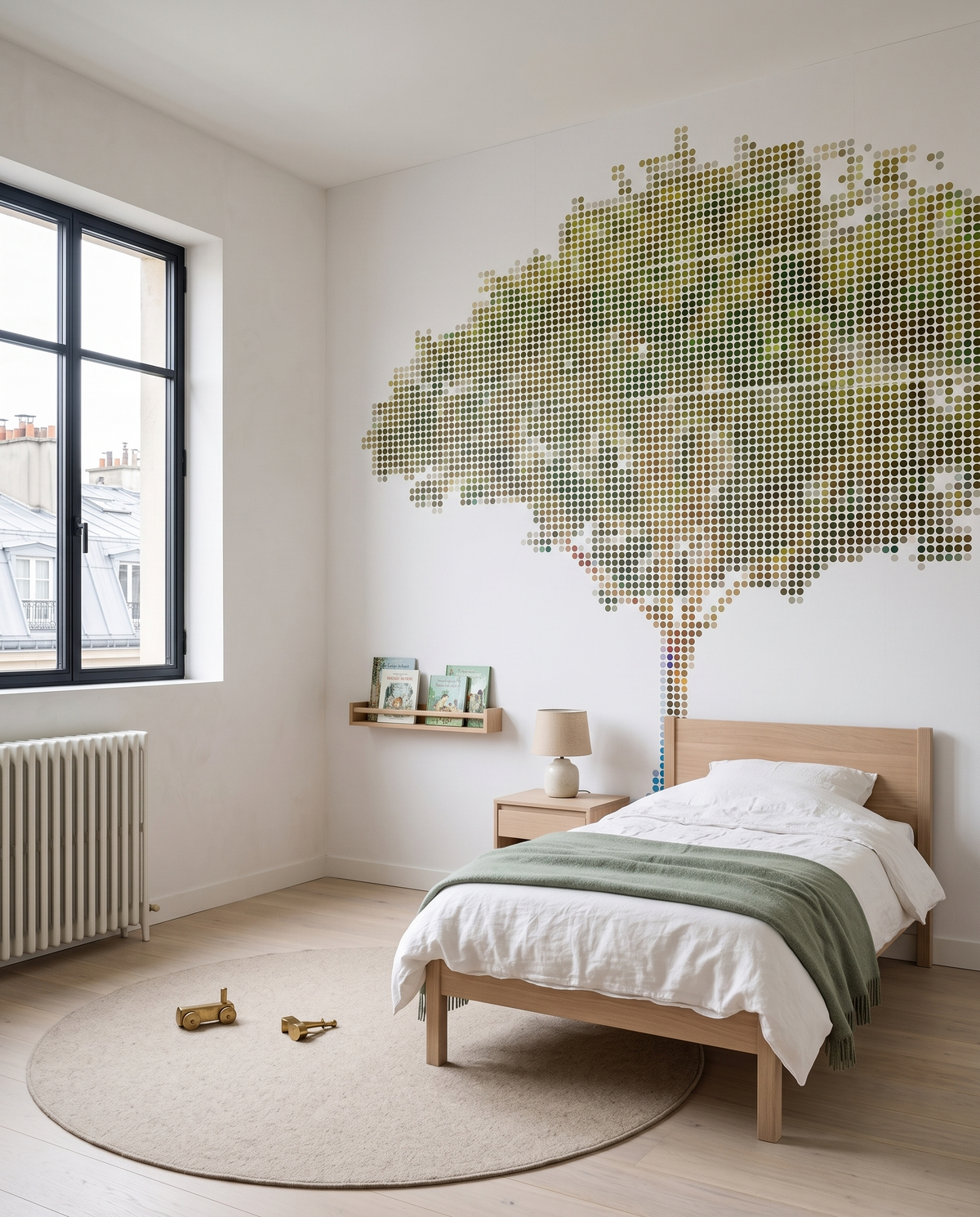 Arbre à pois, papier peint panoramique dans une chambre d'enfant : visuel d'ambiance illustratif