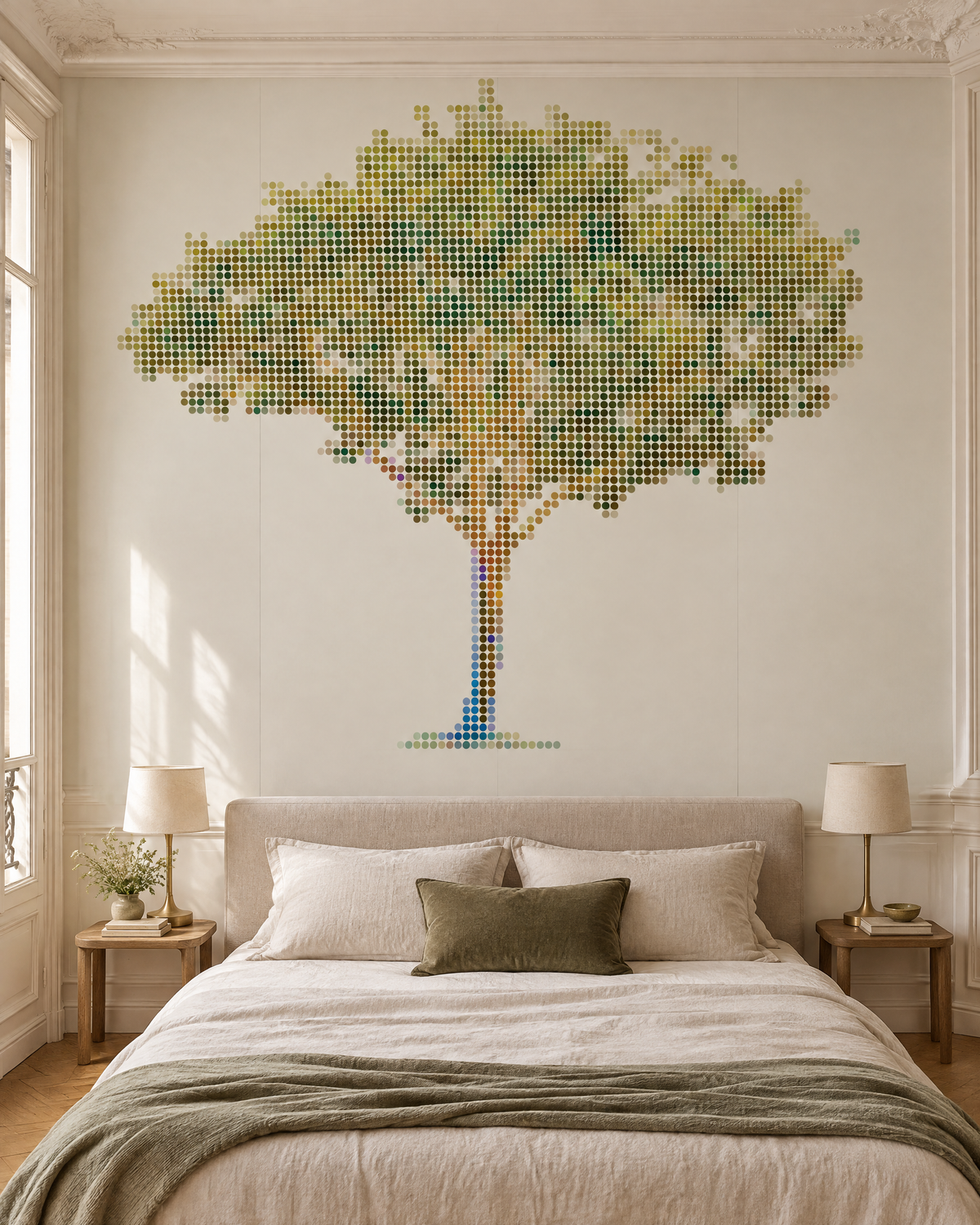 Arbre à pois, papier peint panoramique dans une chambre : visuel d'ambiance illustratif