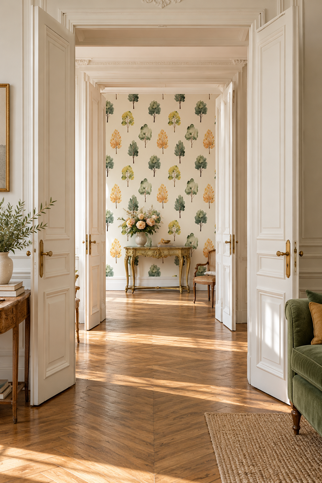 Arbre en lavis, papier peint panoramique dans un salon : visuel d'ambiance illustratif