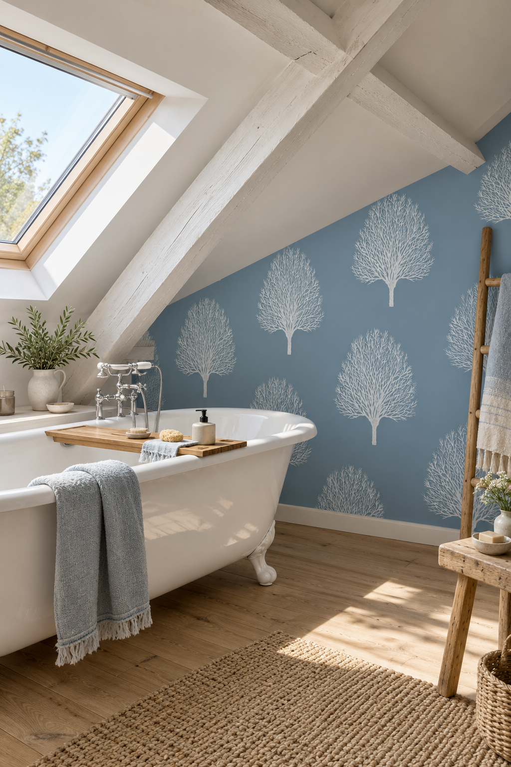 Bosquet bleu, papier peint panoramique dans une salle de bain : visuel d'ambiance illustratif