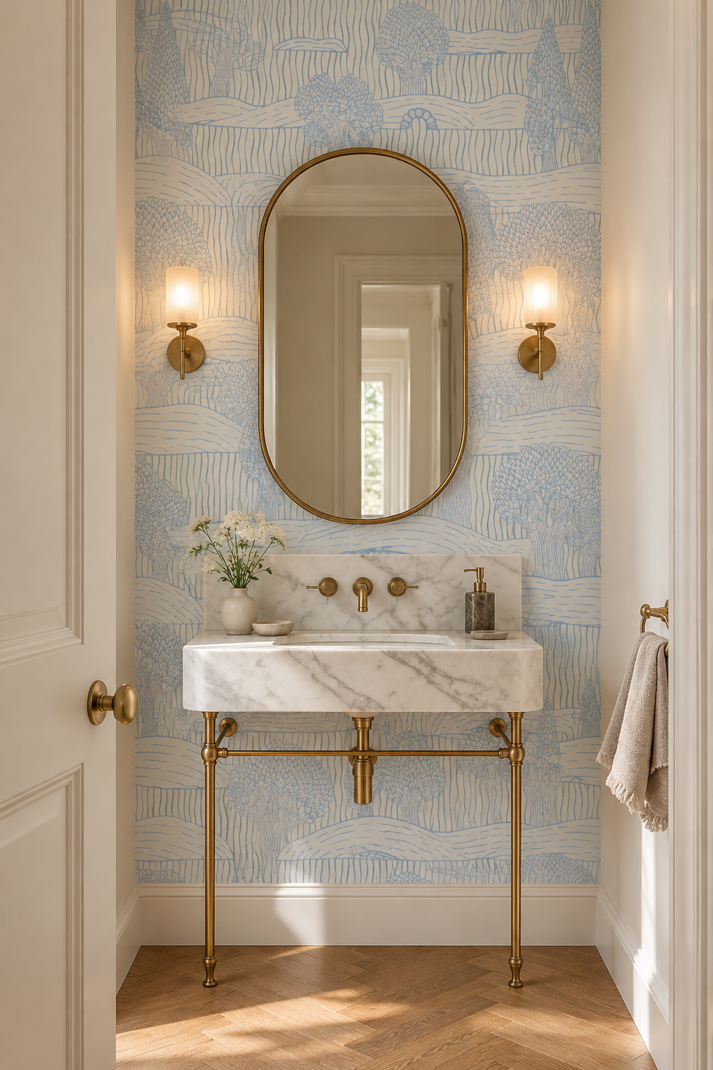 Arbres en camaïeu, papier peint panoramique dans une salle de bain : visuel d'ambiance illustratif