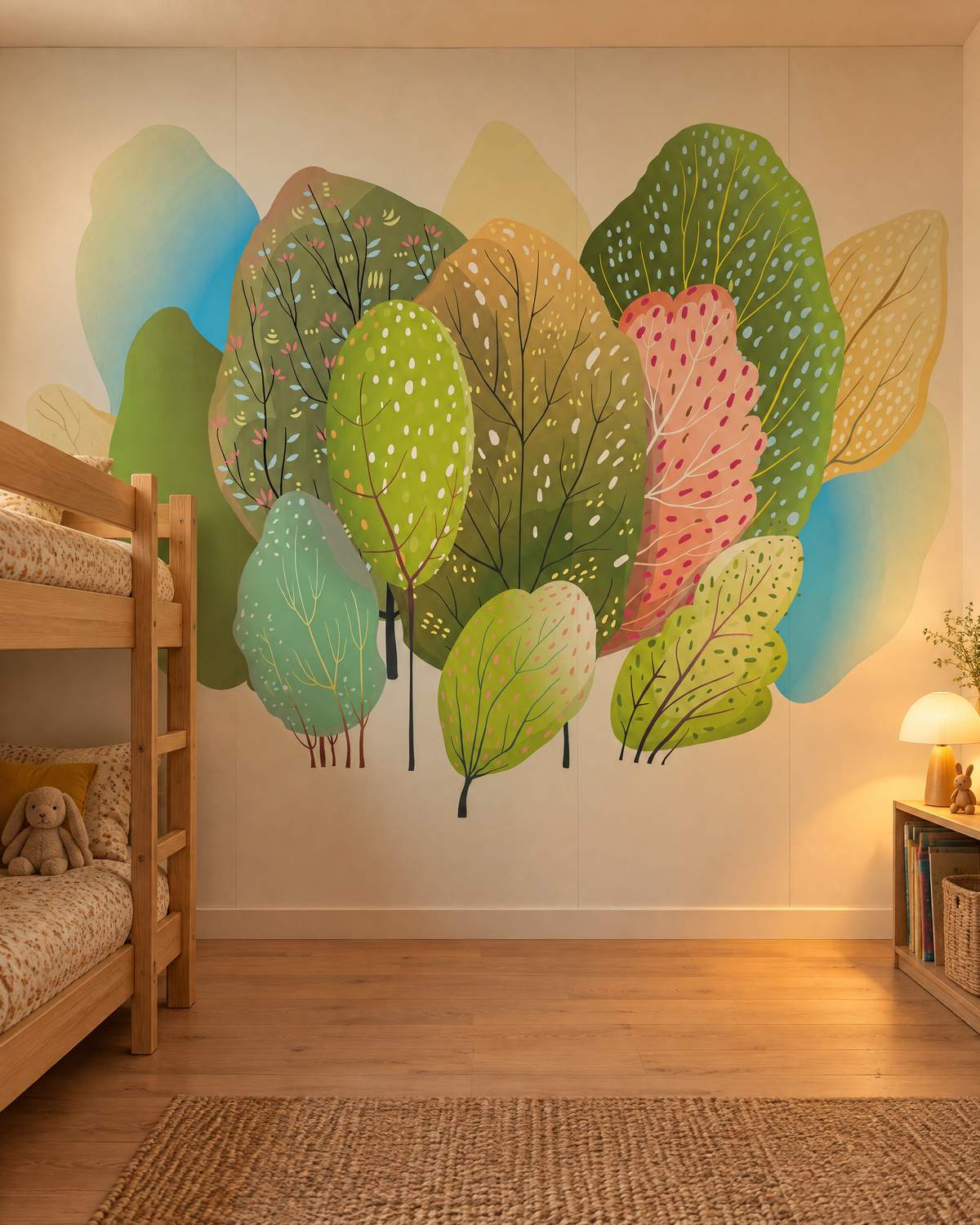 Arbres en fête, papier peint panoramique dans une chambre d'enfant : visuel d'ambiance illustratif