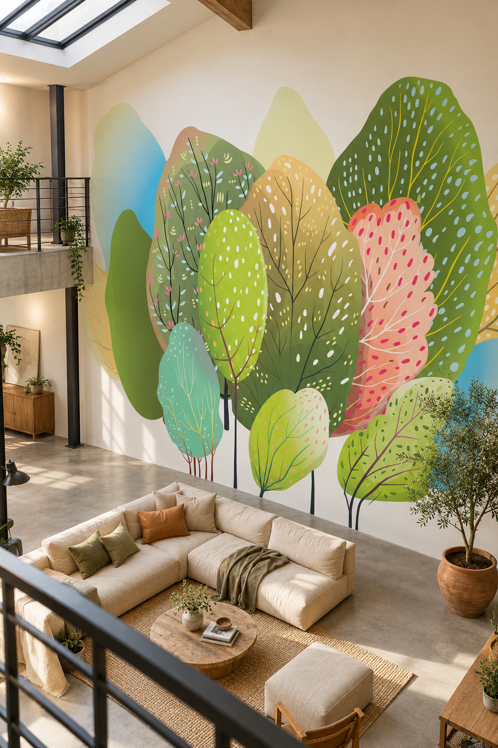 Arbres en fête, papier peint panoramique dans un salon : visuel d'ambiance illustratif