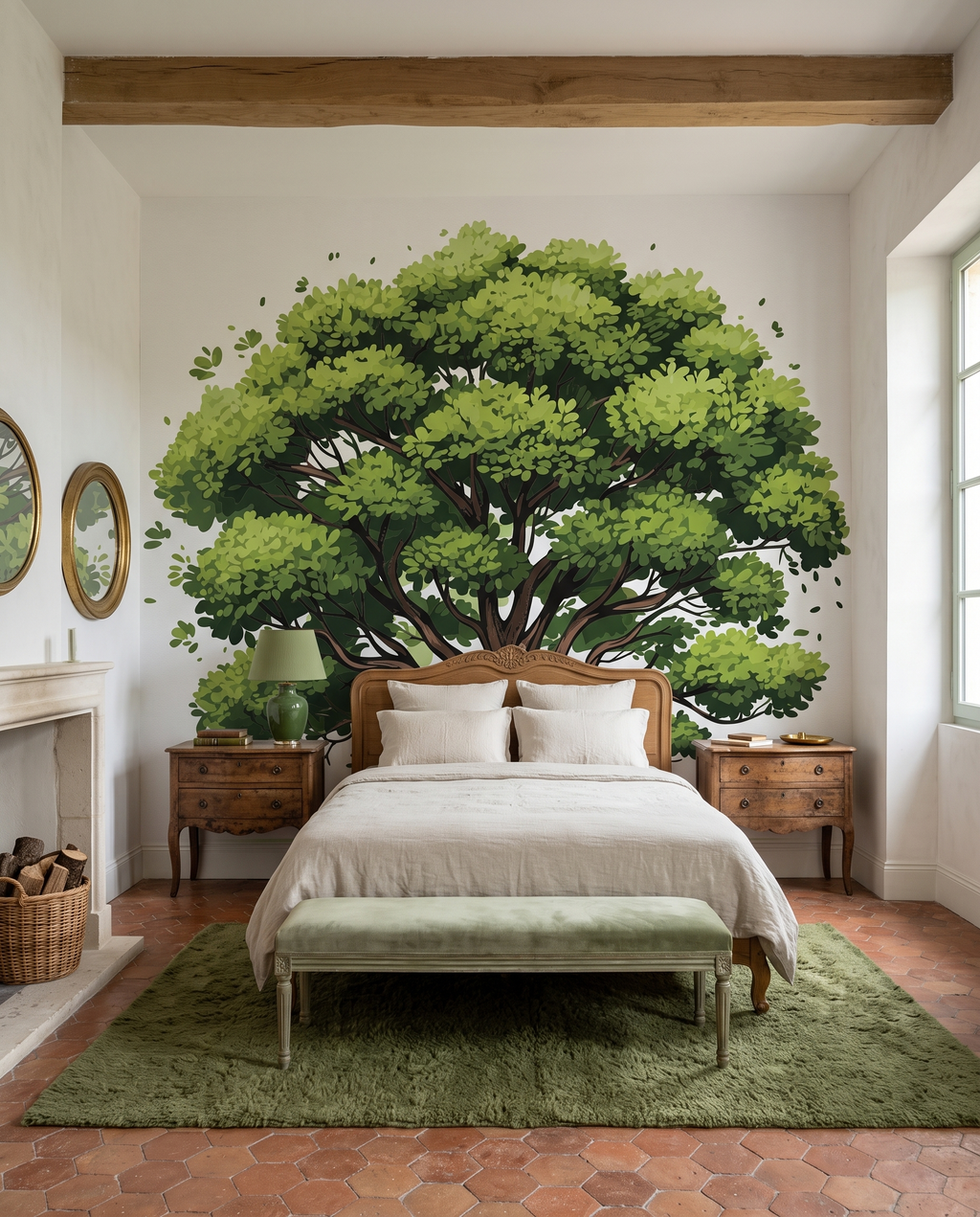 Grand chêne, papier peint panoramique dans une chambre : visuel d'ambiance illustratif