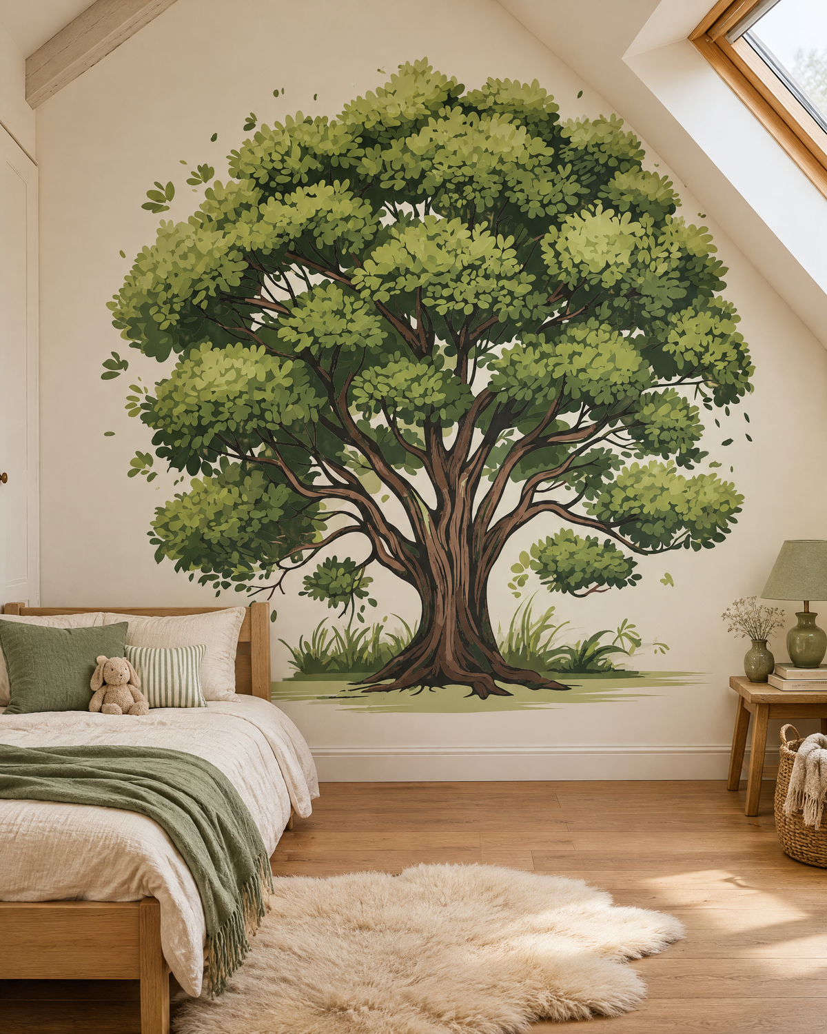 Grand chêne, papier peint panoramique dans une chambre d'enfant : visuel d'ambiance illustratif