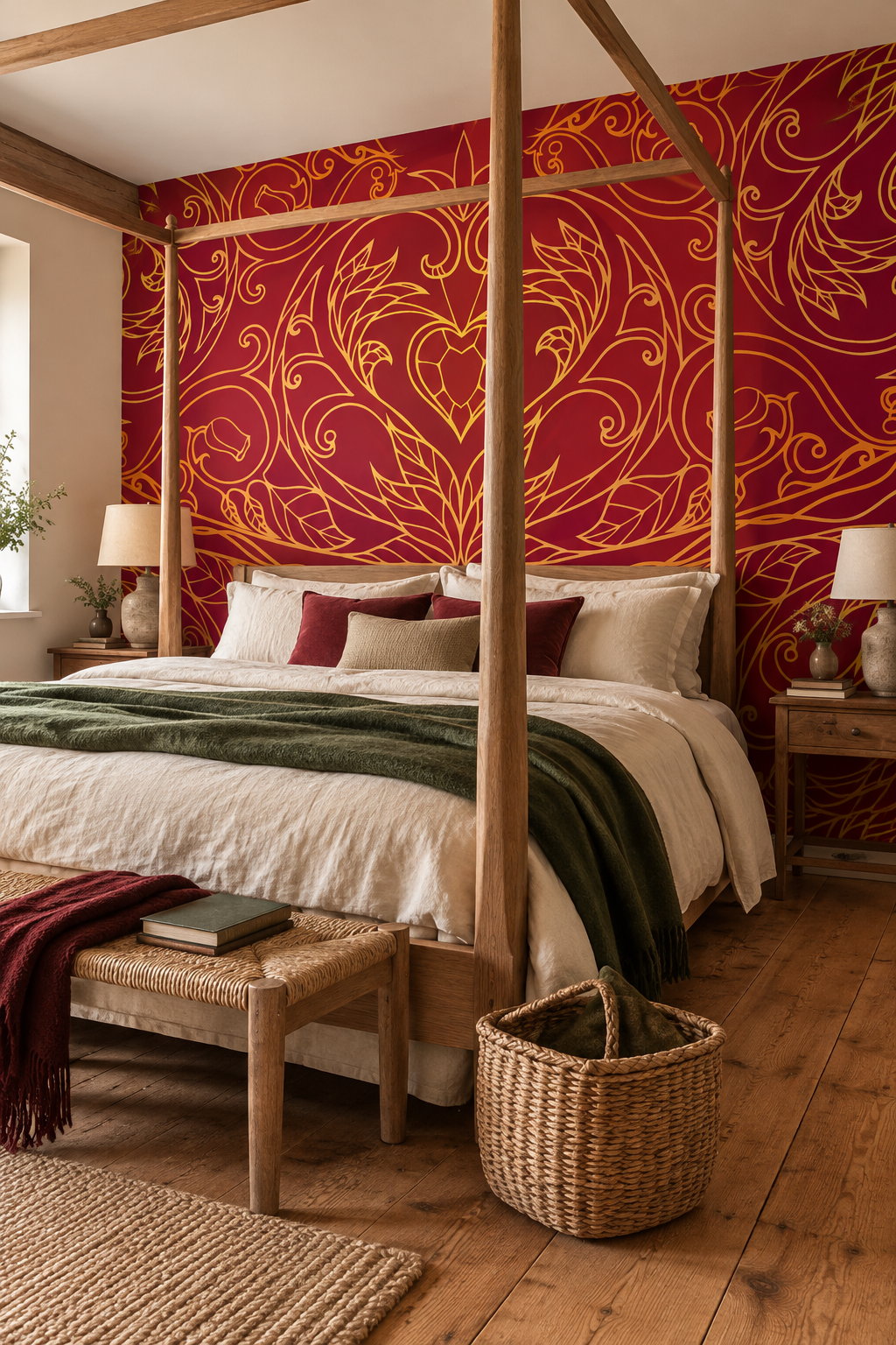 Rouge déco, papier peint panoramique dans une chambre : visuel d'ambiance illustratif