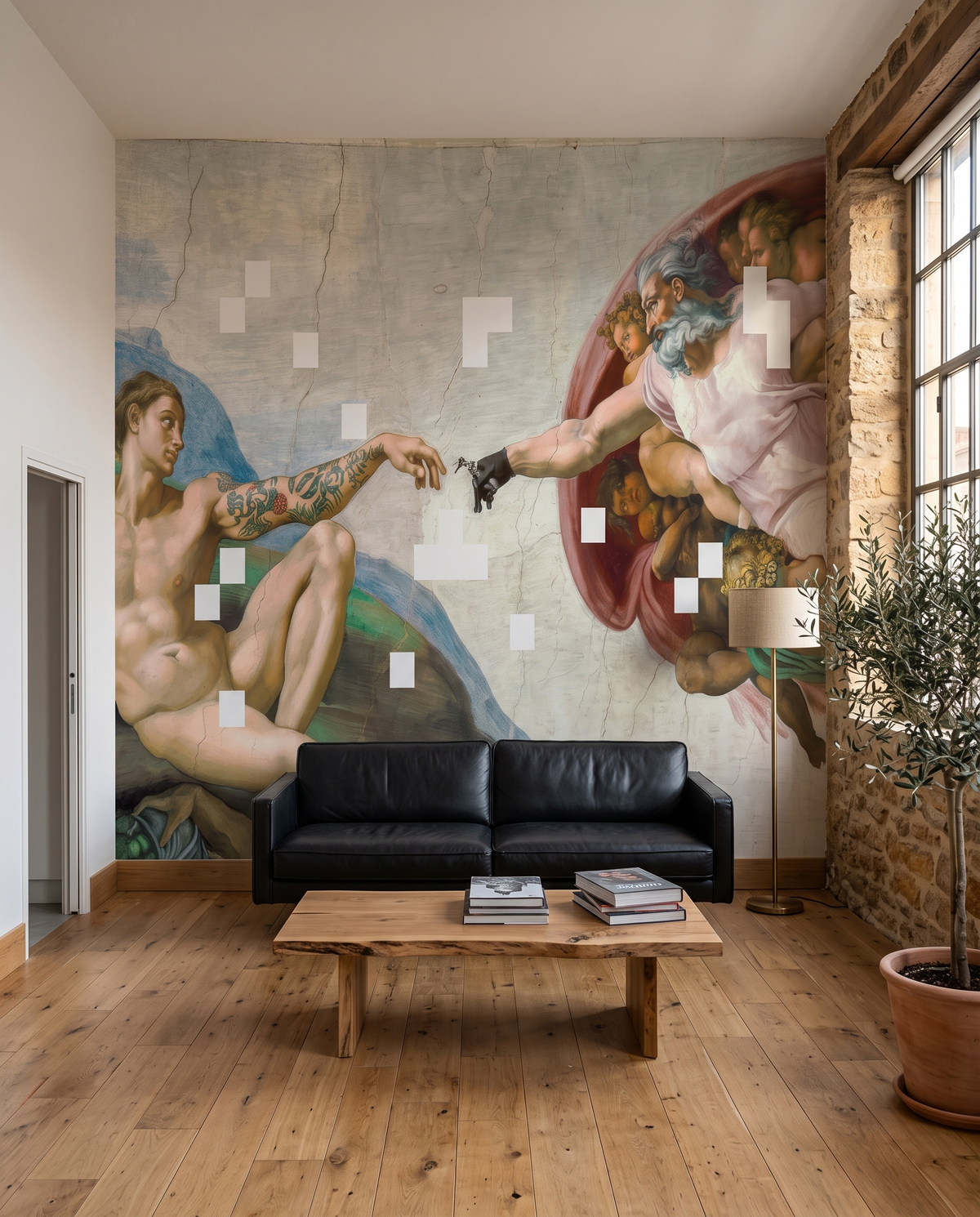 Fresque encrée, papier peint panoramique dans un salon : visuel d'ambiance illustratif