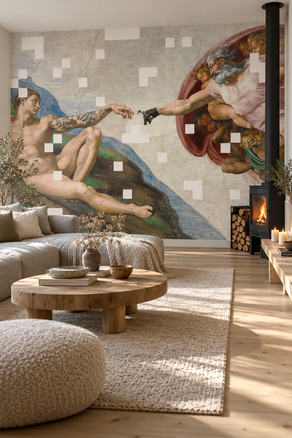 Fresque encrée, papier peint panoramique dans un salon : visuel d'ambiance illustratif