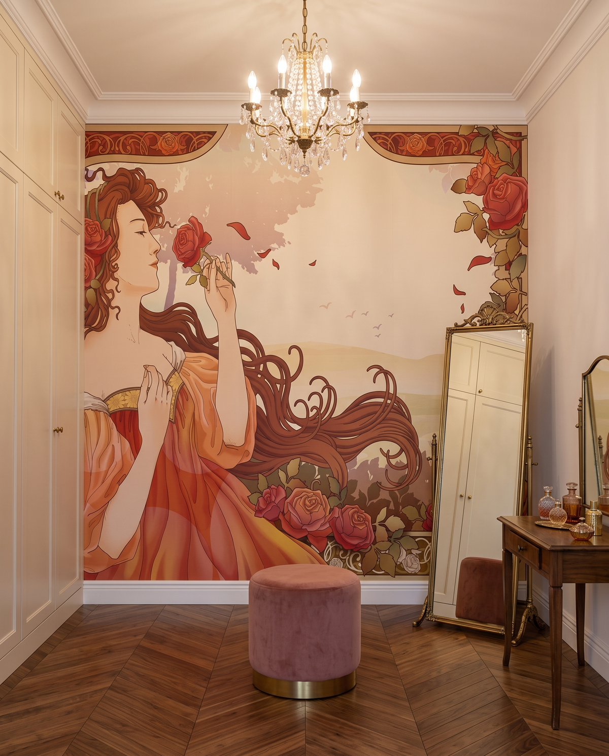 Courbes Belle Époque, papier peint panoramique dans un dressing : visuel d'ambiance illustratif