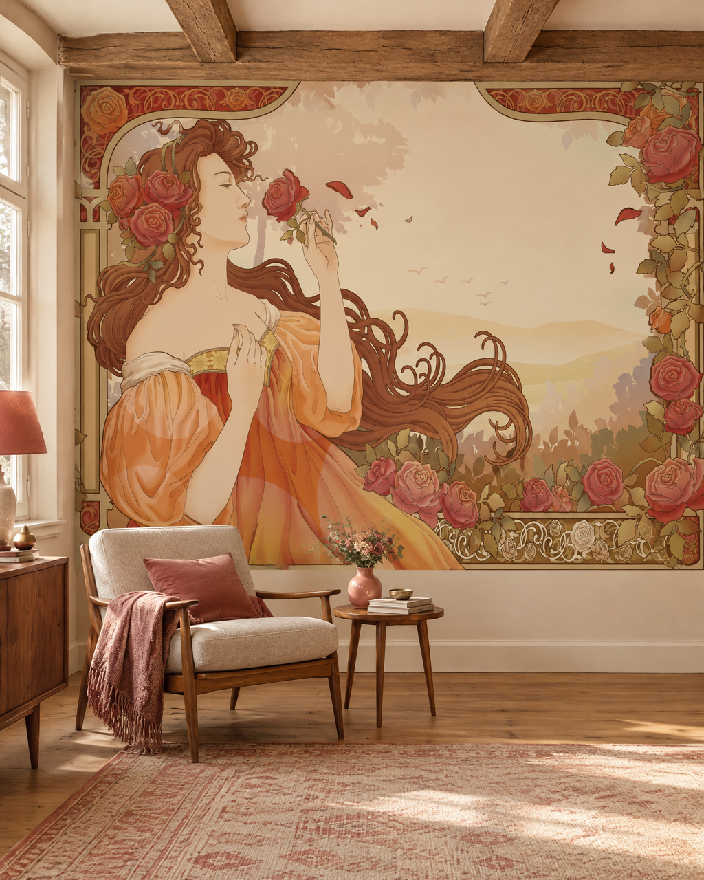 Courbes Belle Époque, papier peint panoramique dans un salon : visuel d'ambiance illustratif