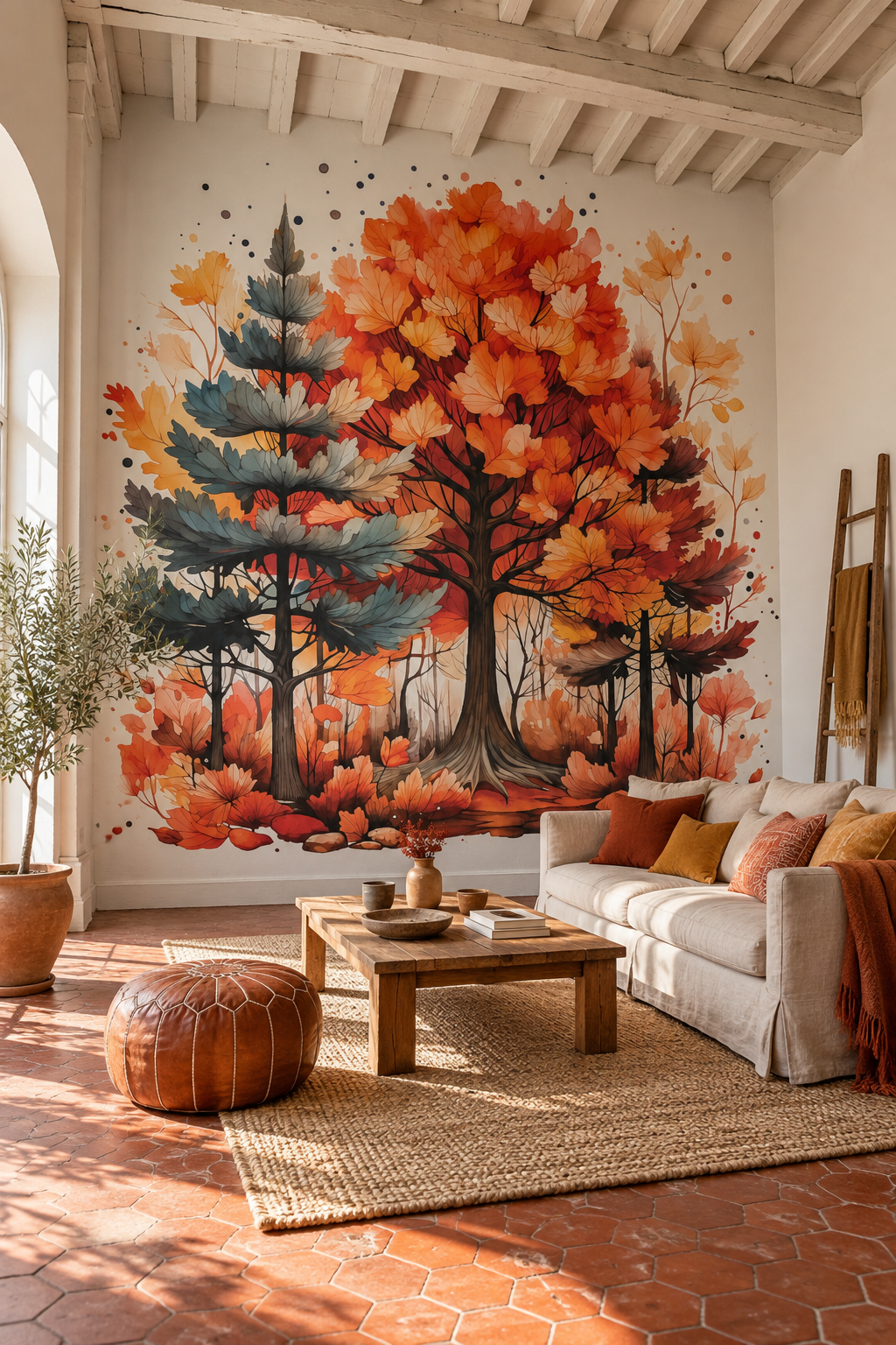 Automne de brume, papier peint panoramique dans un salon : visuel d'ambiance illustratif