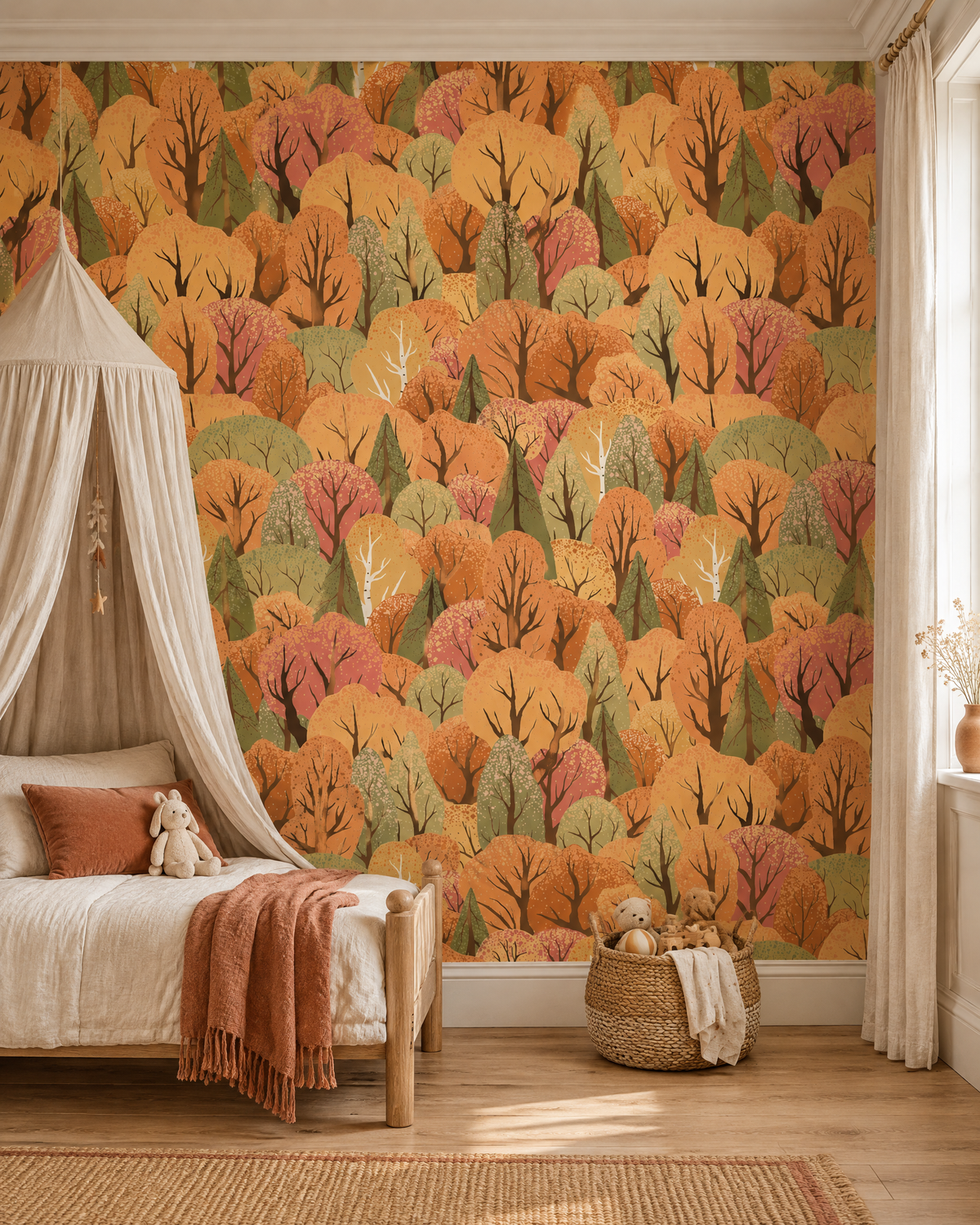 Octobre roux, papier peint panoramique dans une chambre d'enfant : visuel d'ambiance illustratif