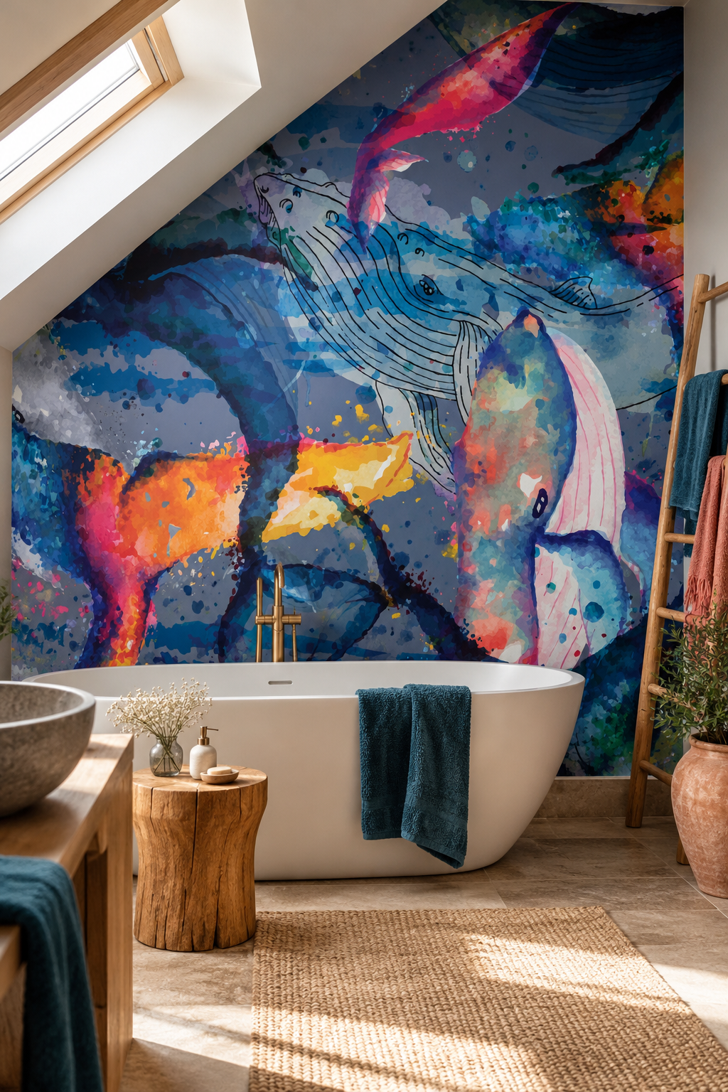 Baleines à l'aquarelle, papier peint panoramique dans une salle de bain : visuel d'ambiance illustratif