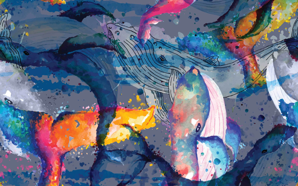 Papier peint panoramique Baleines à l'aquarelle : le décor à plat
