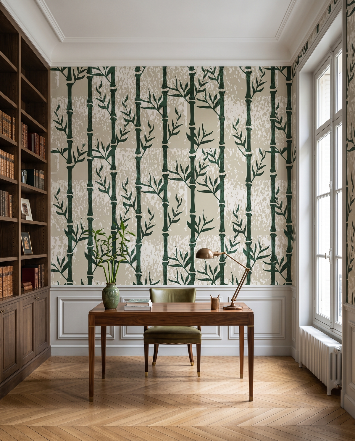 Bambous patinés, papier peint panoramique dans un bureau : visuel d'ambiance illustratif