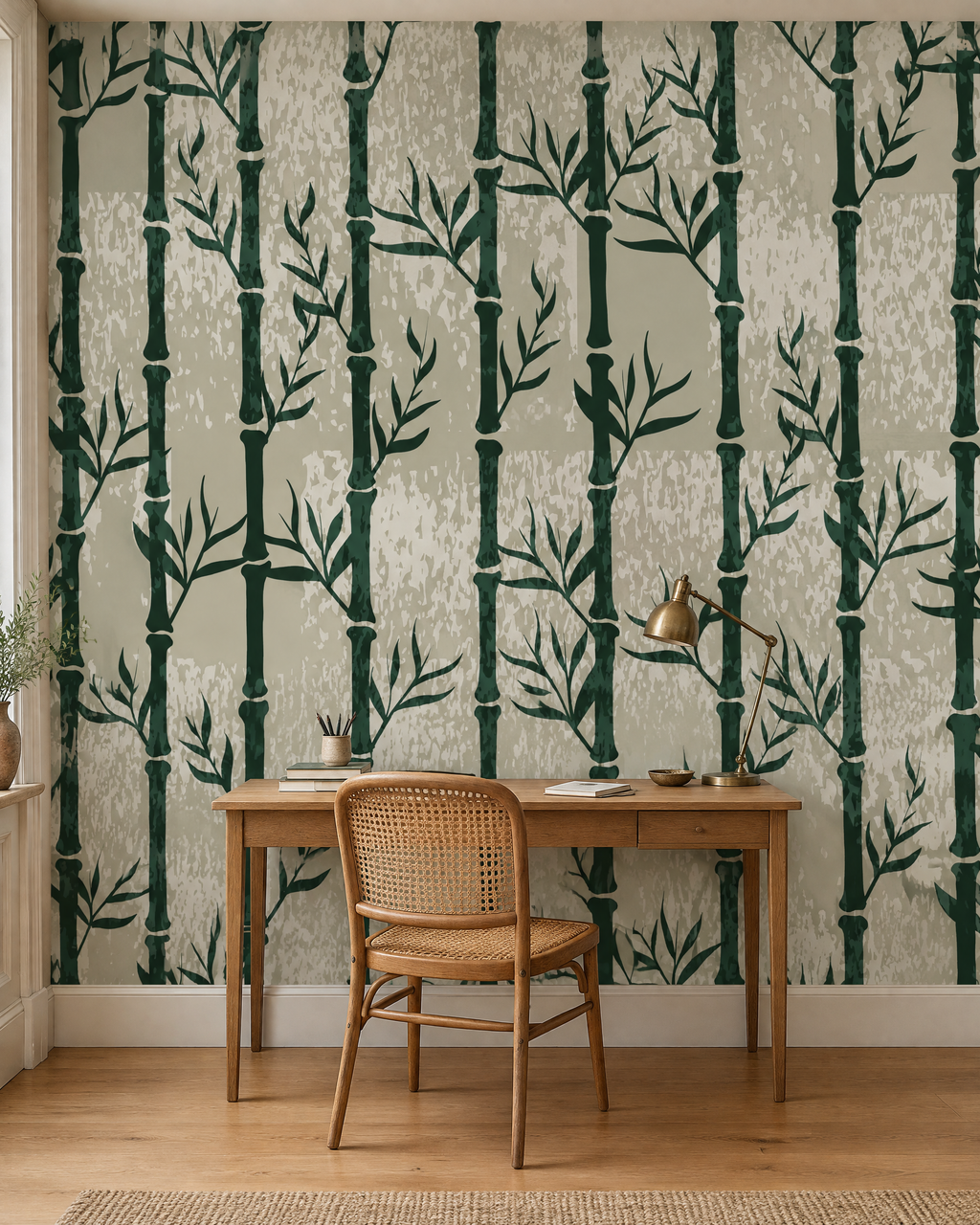 Bambous patinés, papier peint panoramique dans un bureau : visuel d'ambiance illustratif