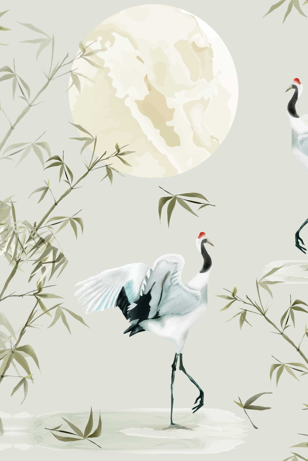 Papier peint panoramique bambous et grues sous la pleine lune, tons sauge