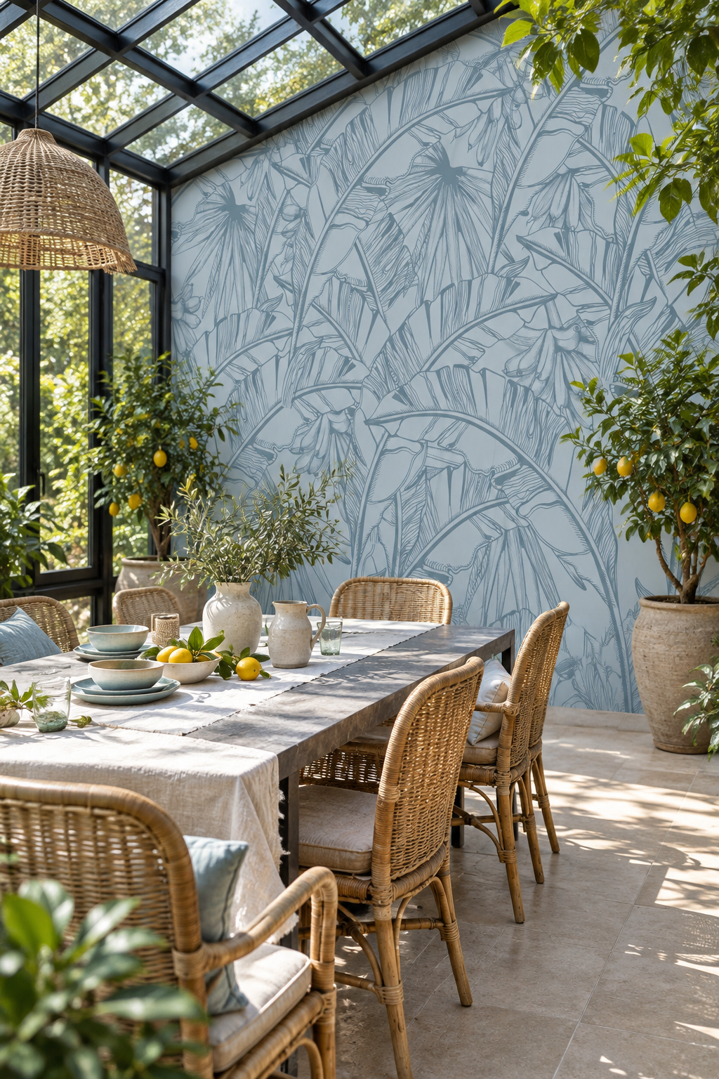 Bananiers gris-bleu, papier peint panoramique dans une salle à manger : visuel d'ambiance illustratif