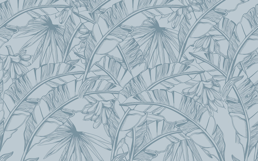 Papier peint panoramique Bananiers gris-bleu : le décor à plat