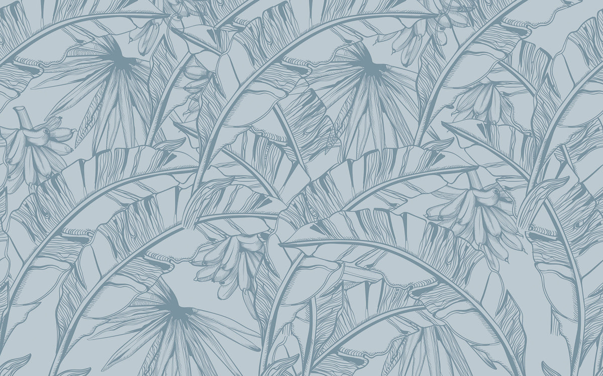 Papier peint panoramique Bananiers gris-bleu : le décor à plat