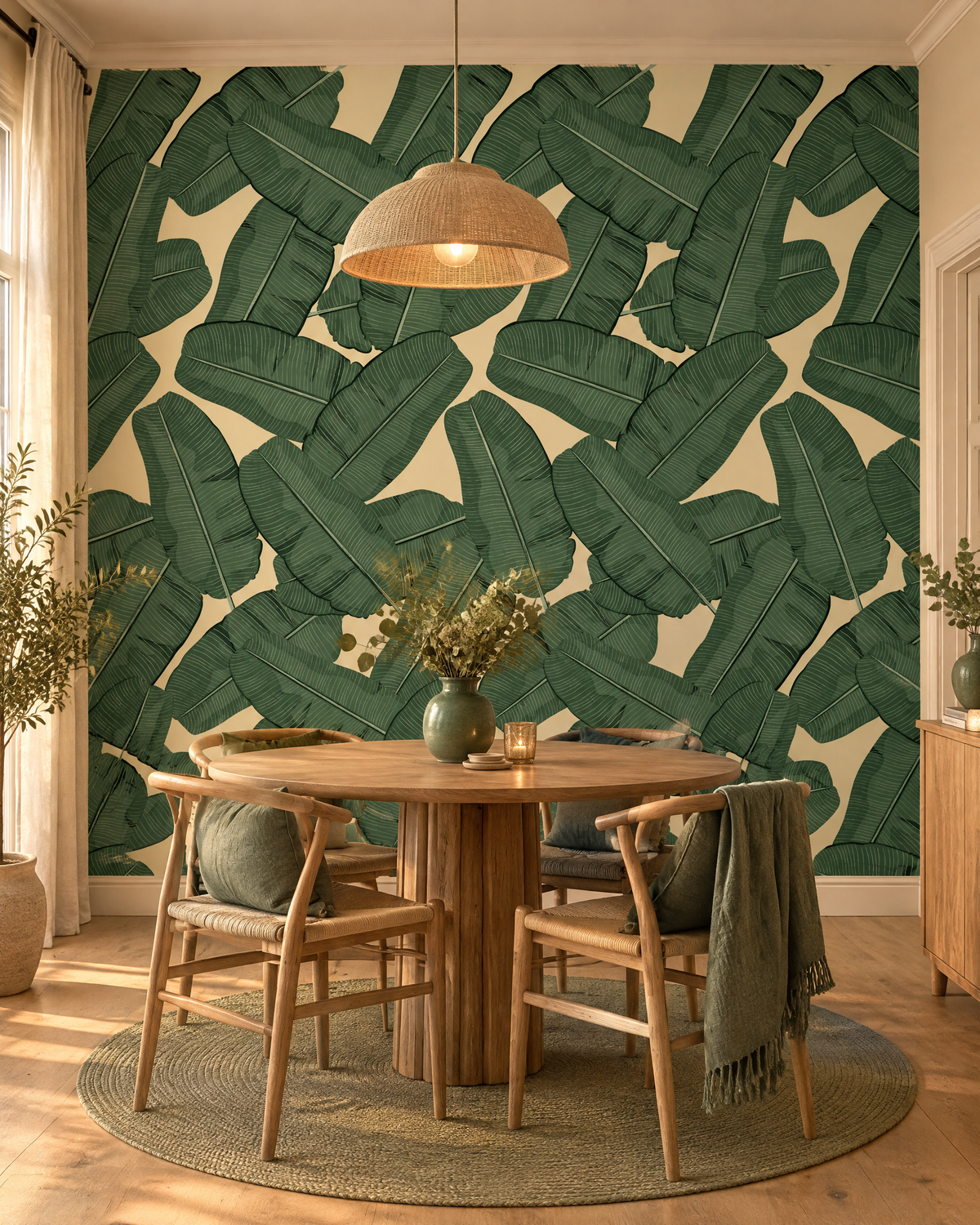 Bananiers sur crème, papier peint panoramique dans une salle à manger : visuel d'ambiance illustratif