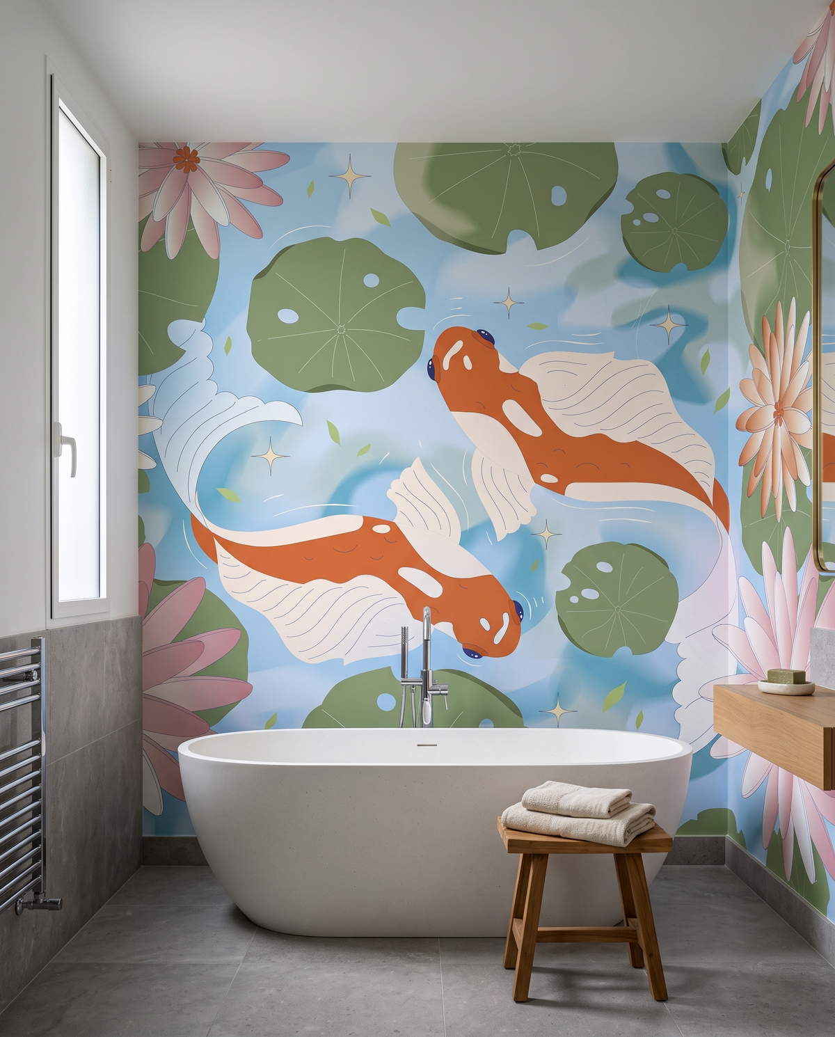Bassin aux carpes, papier peint panoramique dans une salle de bain : visuel d'ambiance illustratif