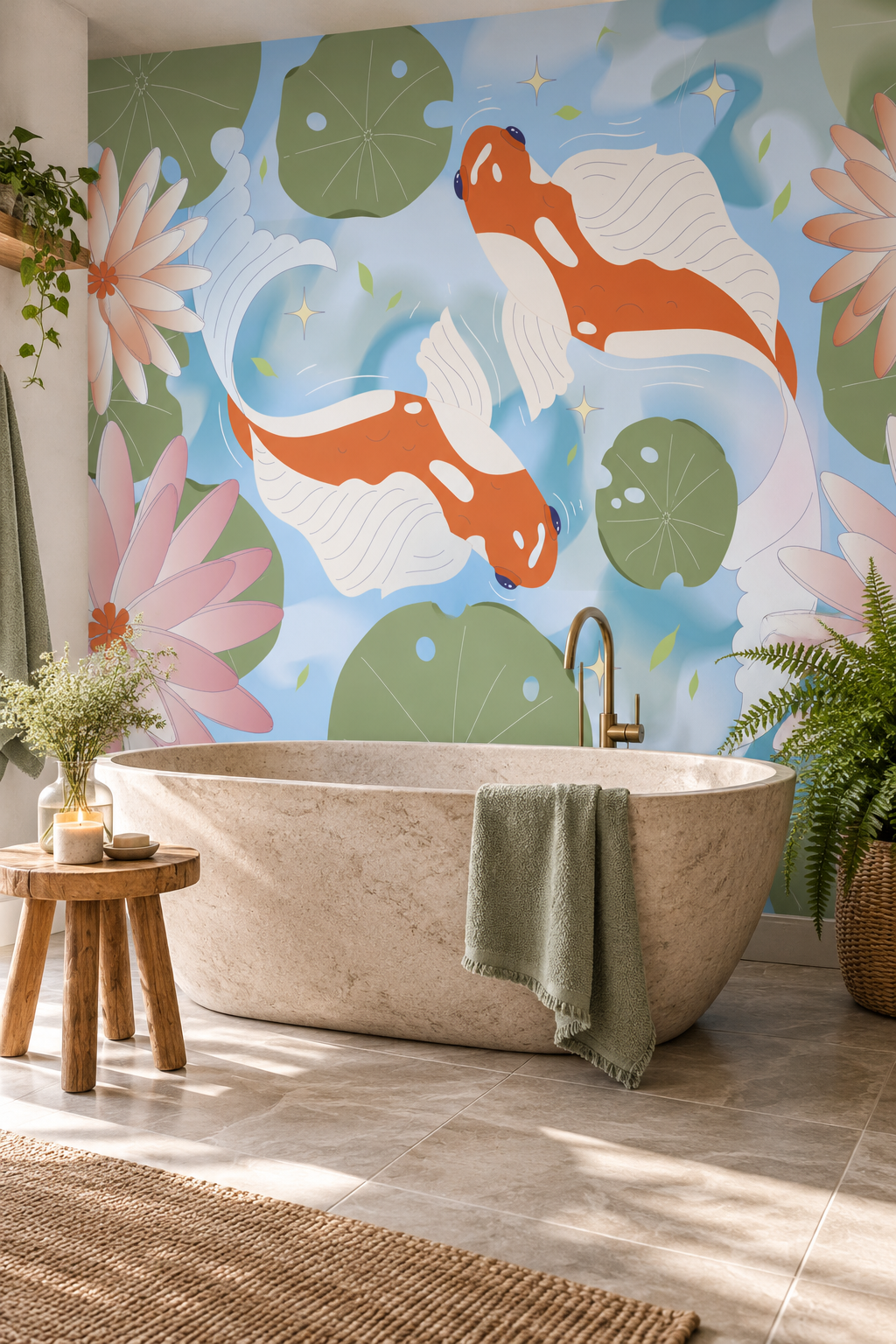 Bassin aux carpes, papier peint panoramique dans une salle de bain : visuel d'ambiance illustratif