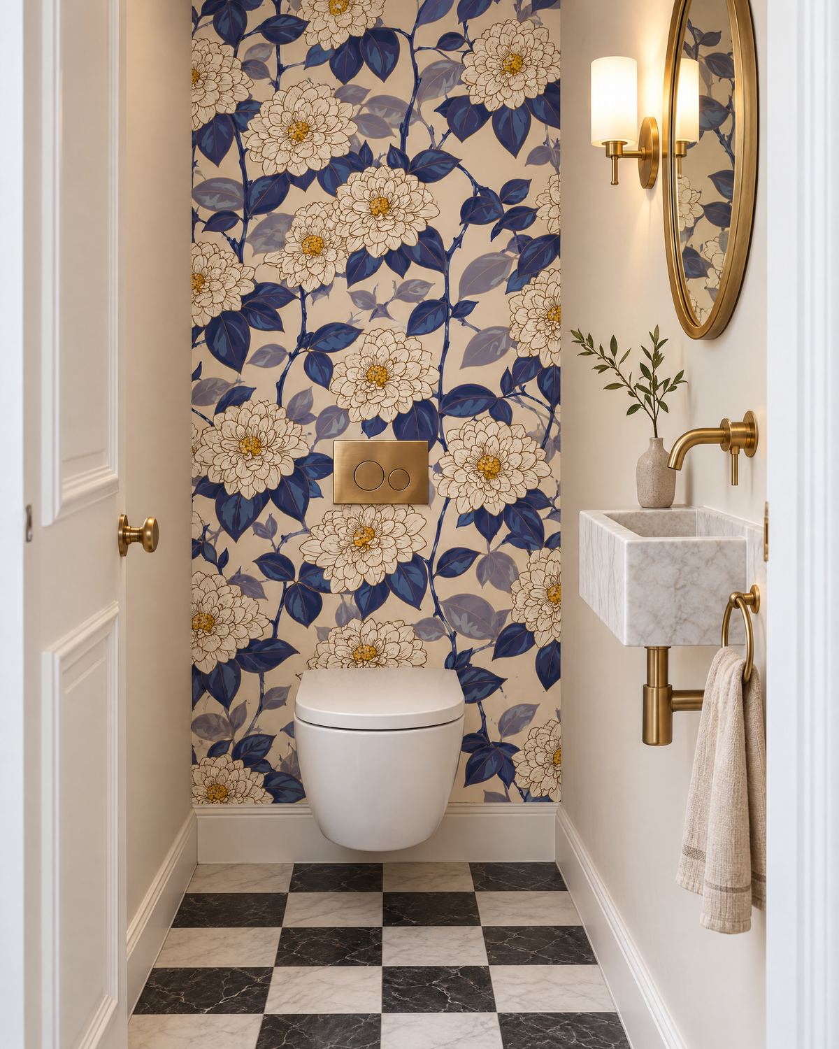 Bleu de Chine, papier peint panoramique dans des toilettes : visuel d'ambiance illustratif
