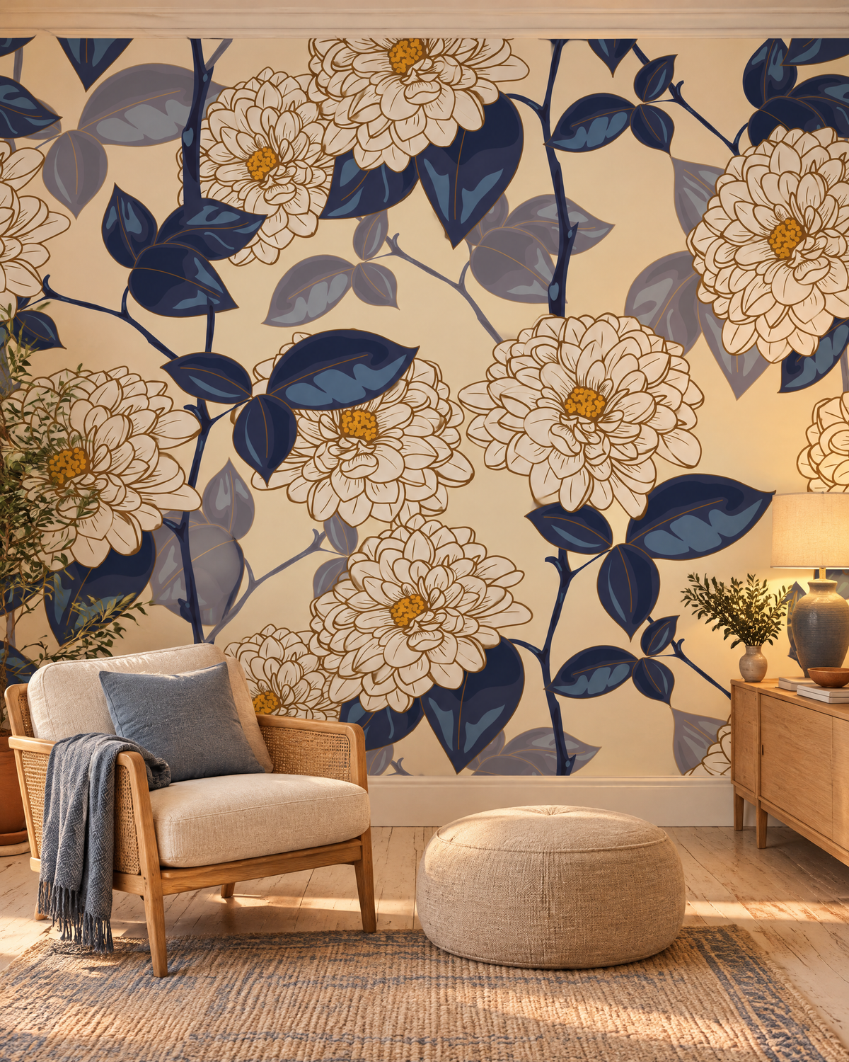 Bleu de Chine, papier peint panoramique dans un salon : visuel d'ambiance illustratif
