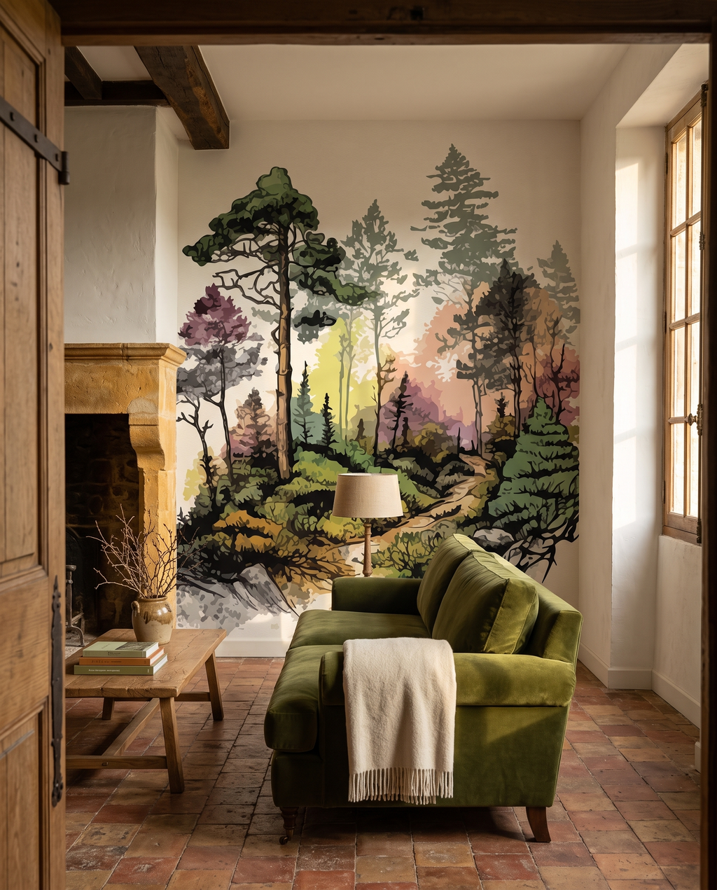 Bois à l'aquarelle, papier peint panoramique dans un salon : visuel d'ambiance illustratif