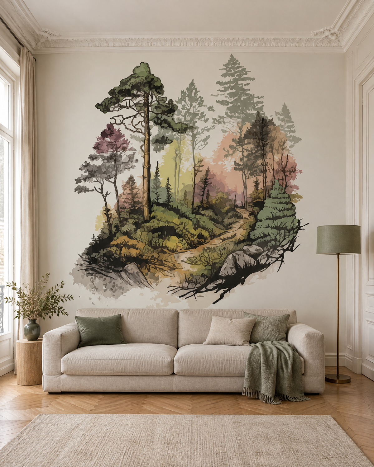 Bois à l'aquarelle, papier peint panoramique dans un salon : visuel d'ambiance illustratif