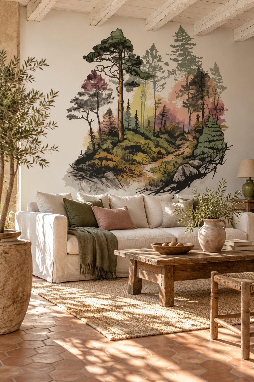 Bois à l'aquarelle, papier peint panoramique dans un salon : visuel d'ambiance illustratif