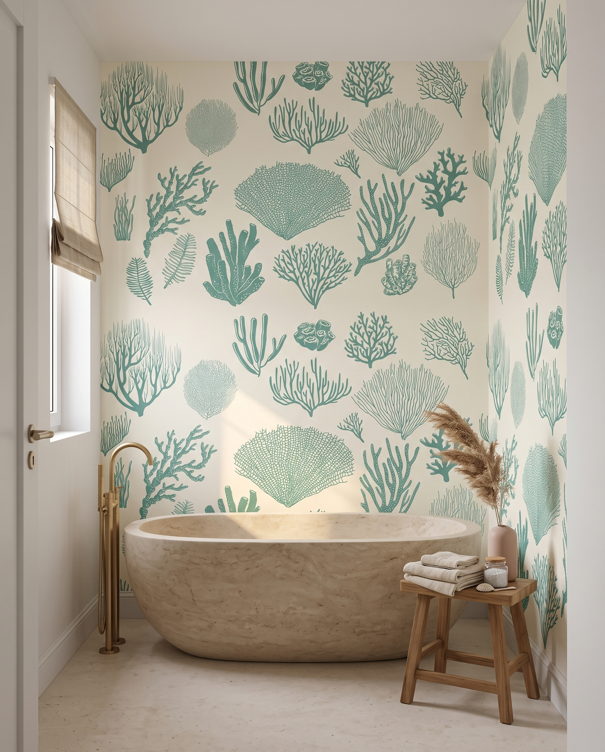 Harmonie de coquilles, papier peint panoramique dans une salle de bain : visuel d'ambiance illustratif