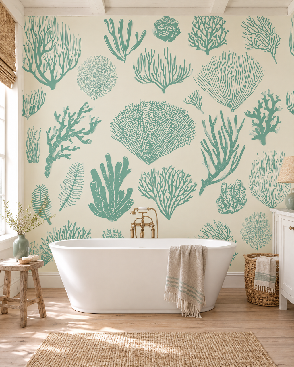 Harmonie de coquilles, papier peint panoramique dans une salle de bain : visuel d'ambiance illustratif