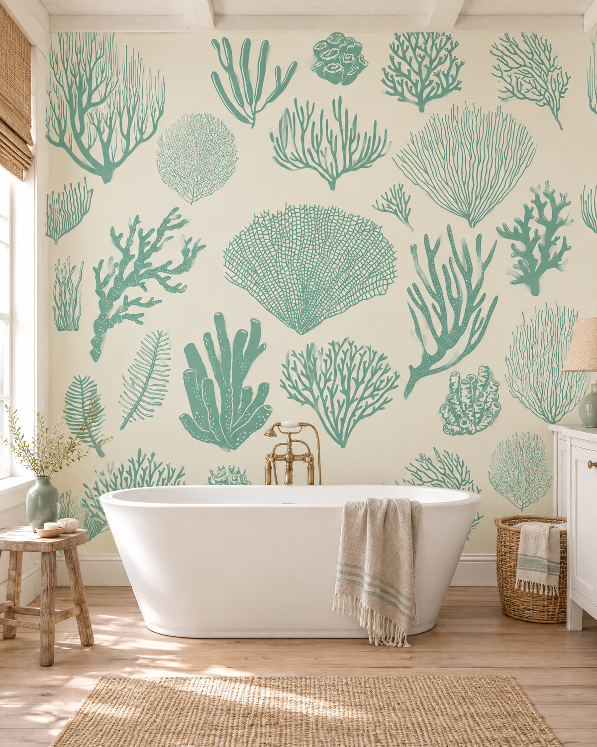 Harmonie de coquilles, papier peint panoramique dans une salle de bain : visuel d'ambiance illustratif