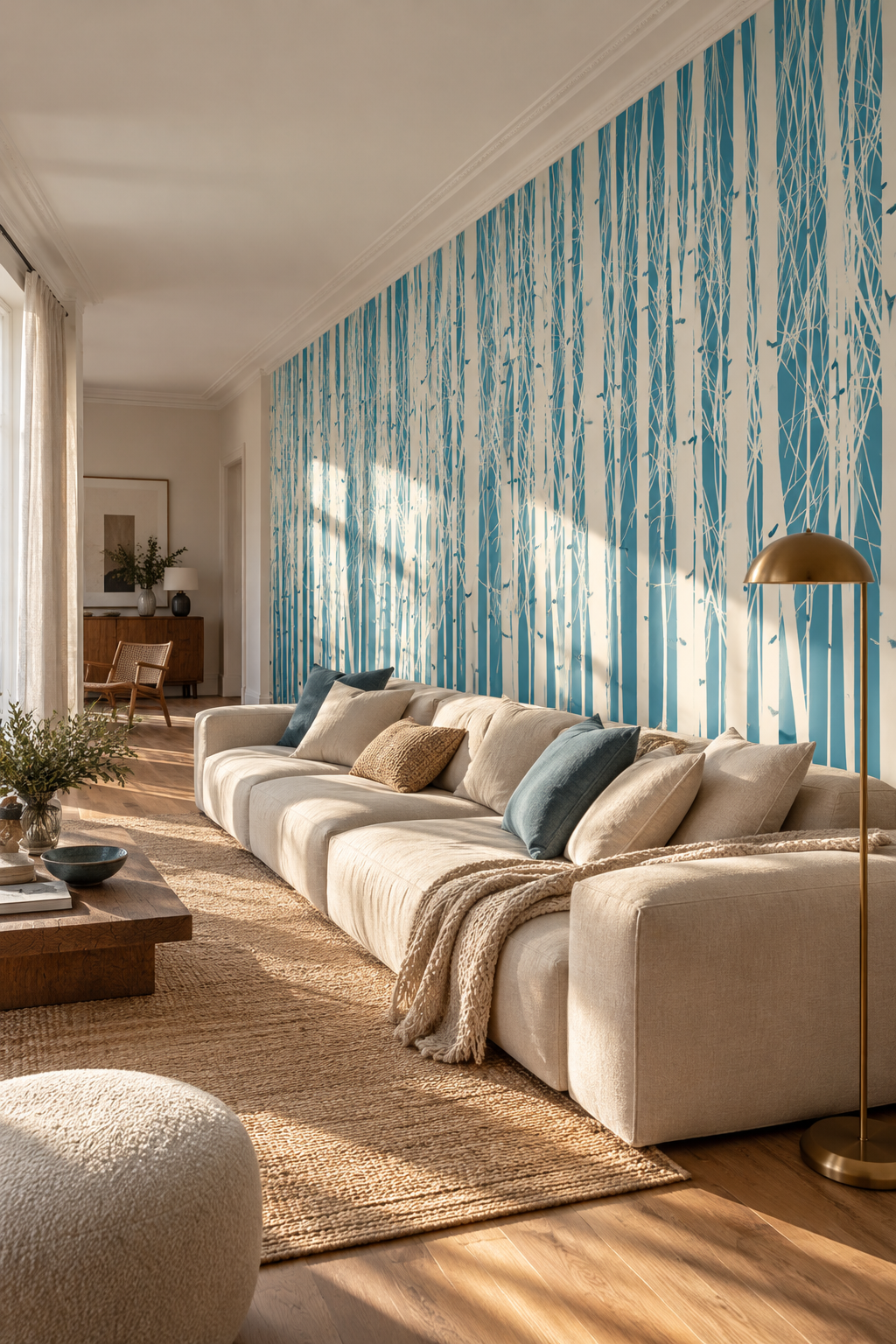 Bouleaux sur ciel bleu, papier peint panoramique dans un salon : visuel d'ambiance illustratif