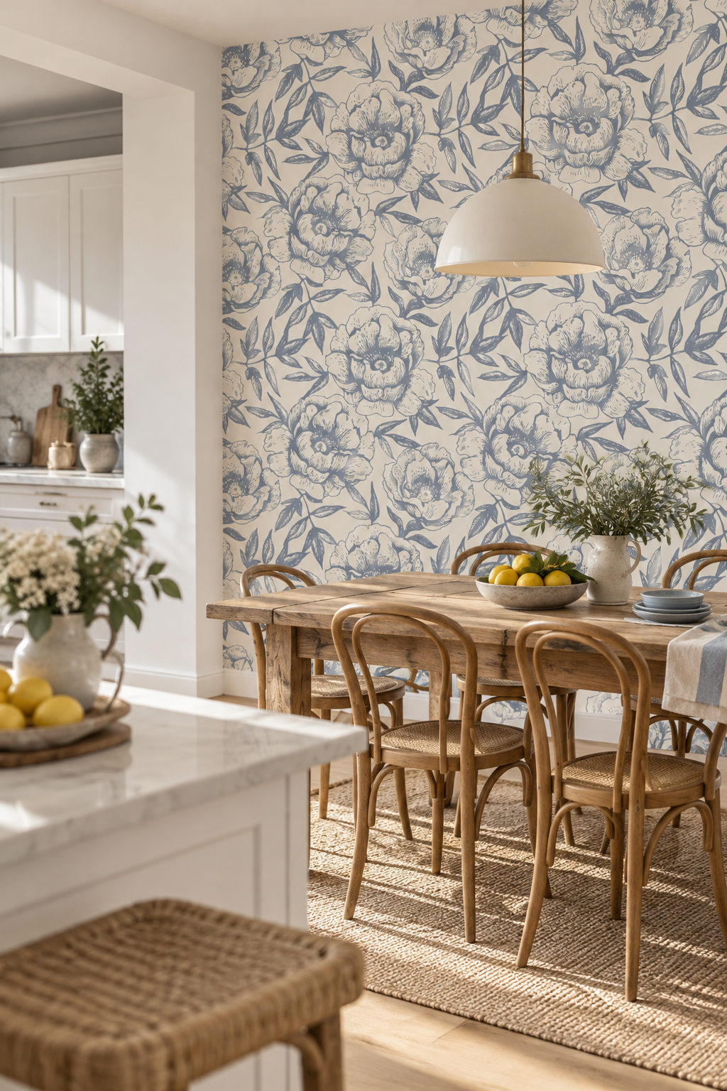 Bouquets d'autrefois, papier peint panoramique dans une salle à manger : visuel d'ambiance illustratif