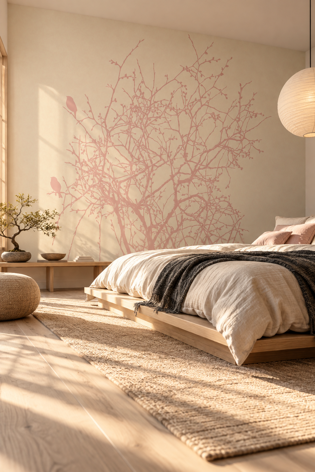 Branche aux oiseaux, papier peint panoramique dans une chambre : visuel d'ambiance illustratif