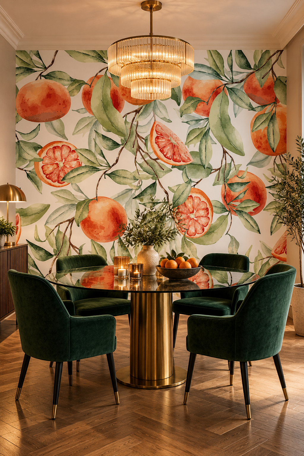 Branches d'agrumes, papier peint panoramique dans une salle à manger : visuel d'ambiance illustratif