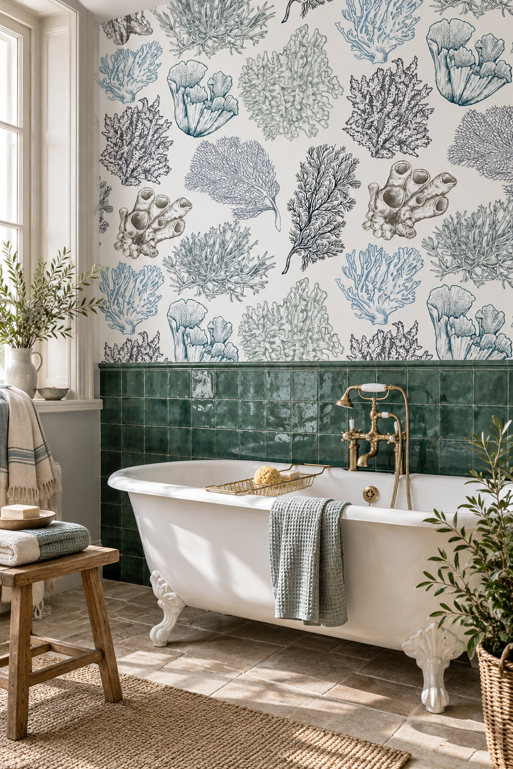 Branches de corail, papier peint panoramique dans une salle de bain : visuel d'ambiance illustratif
