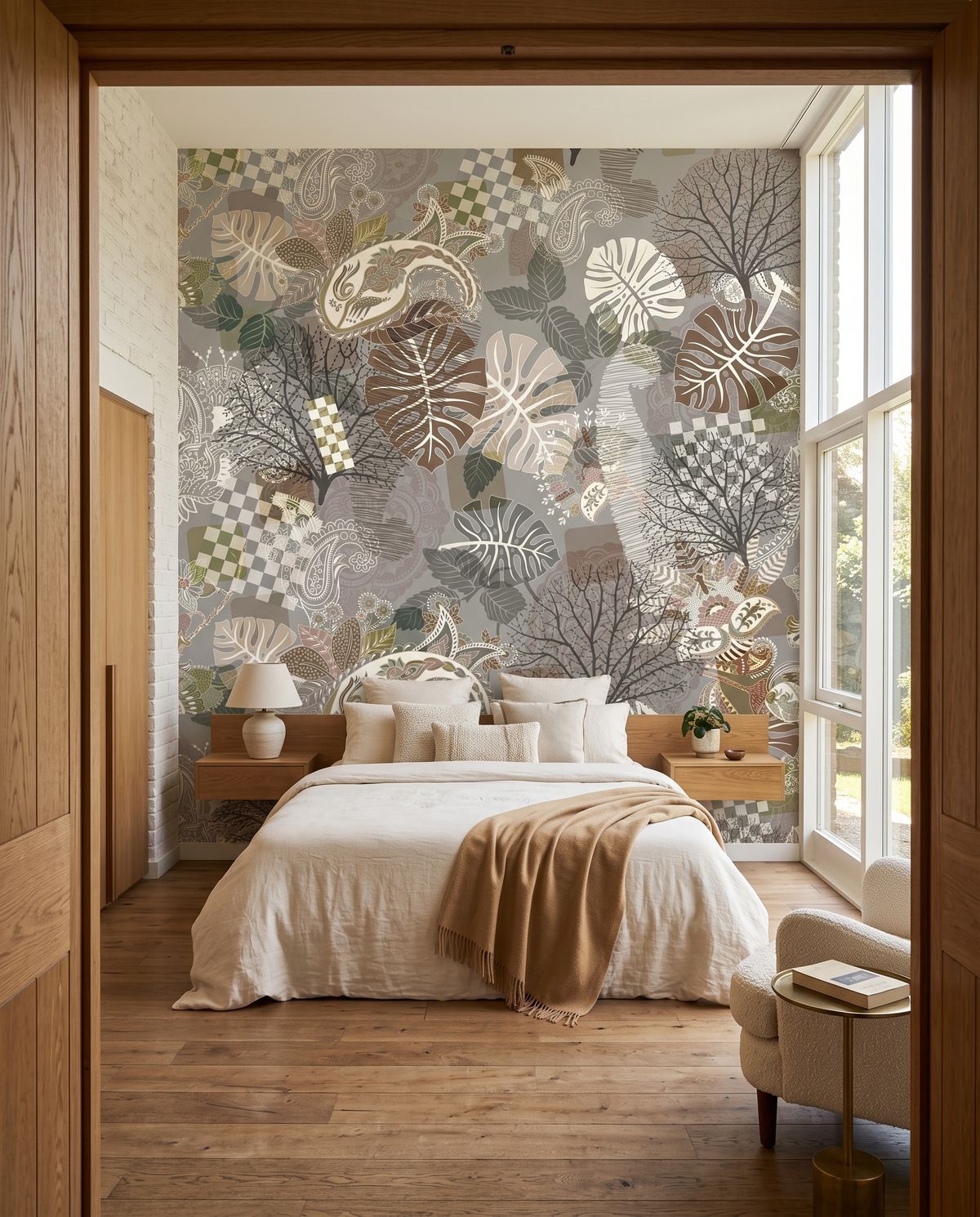 Cachemire tropical, papier peint panoramique dans une chambre : visuel d'ambiance illustratif